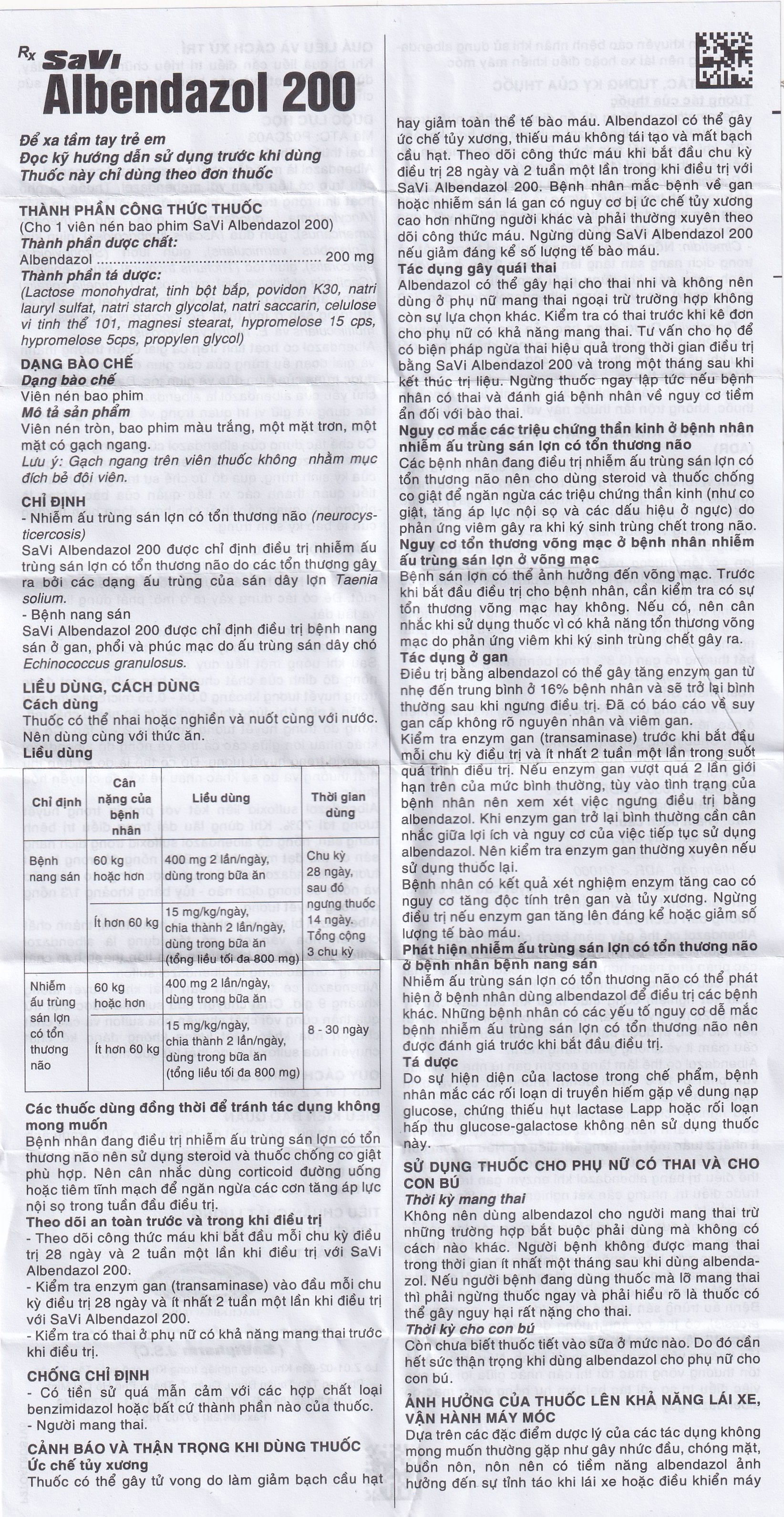 Thuốc SaVi Albendazol 200 điều trị nhiễm ấu trùng sán lợn có tổn thương não (1 vỉ x 2 viên)