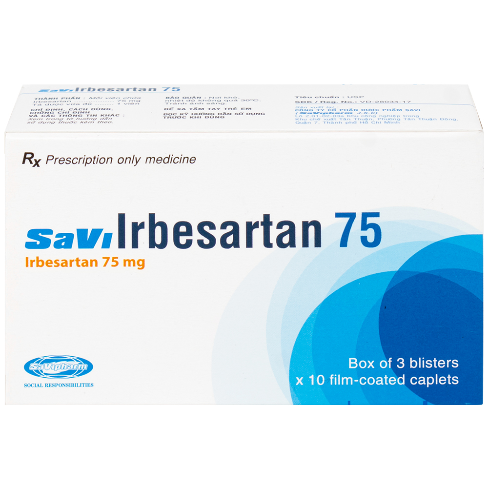 Thuốc SaVi Irbesartan 75 SaviPharm điều trị tăng huyết áp, bệnh thận (3 vỉ x 10 viên)