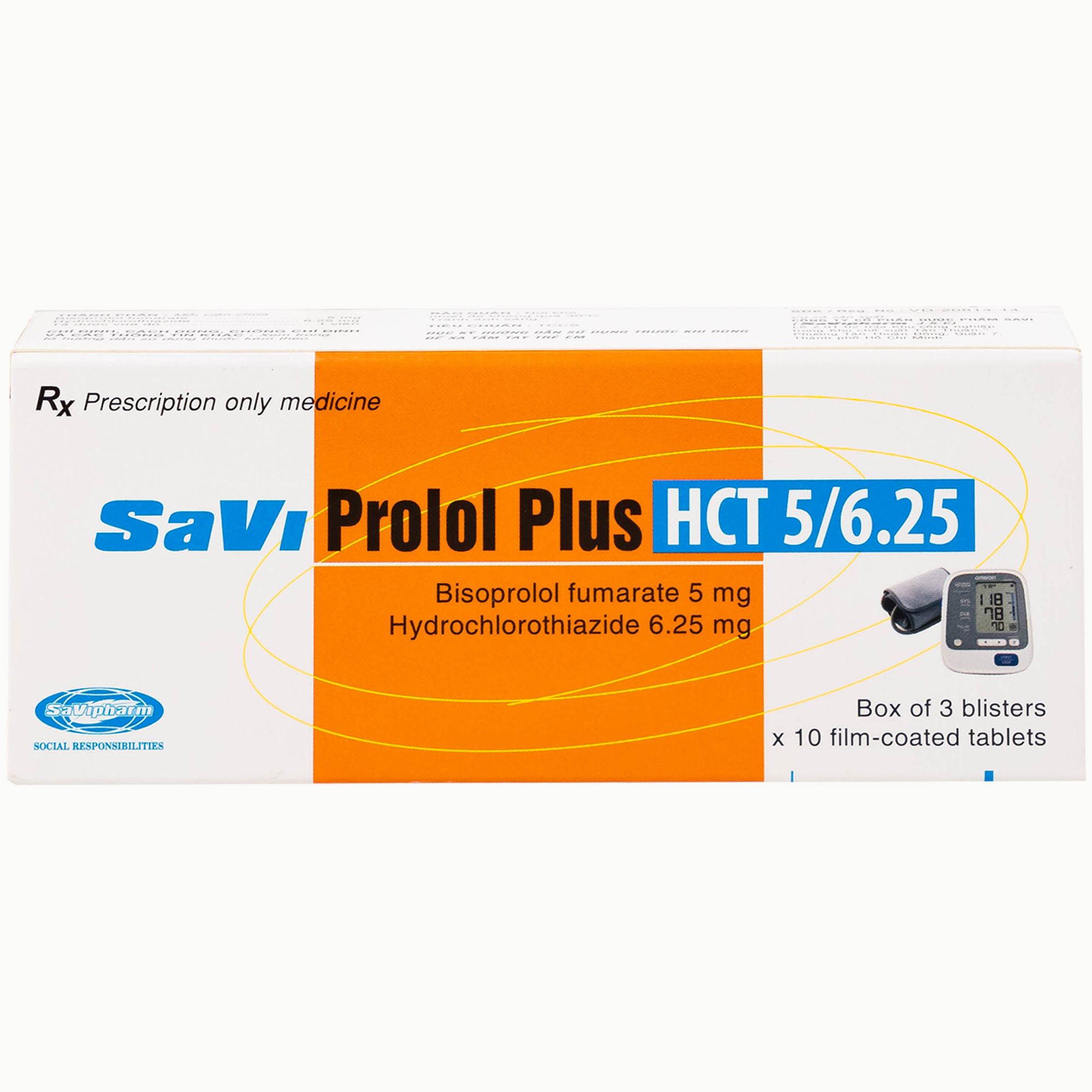 Thuốc Savi Prolol Plus HCT 5/6.25 kiểm soát tình trạng tăng huyết áp (3 vỉ x 10 viên)