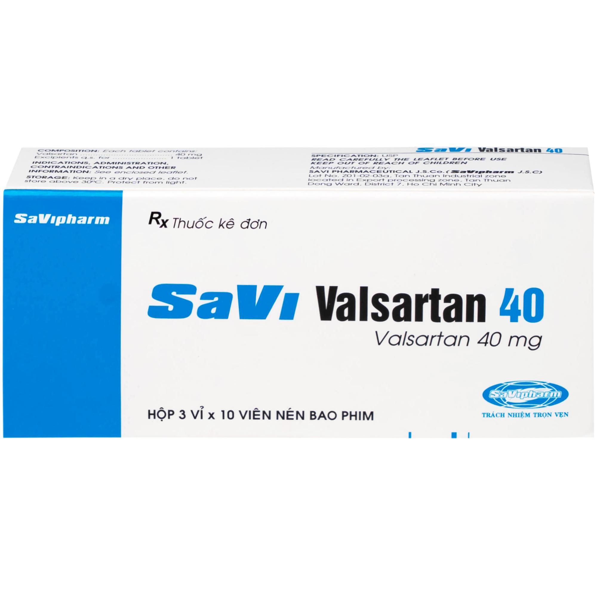 Thuốc SaVi Valsartan 40mg Savipharm điều trị nhồi máu cơ tim, suy tim và tăng huyết áp (3 vỉ x 10 viên)