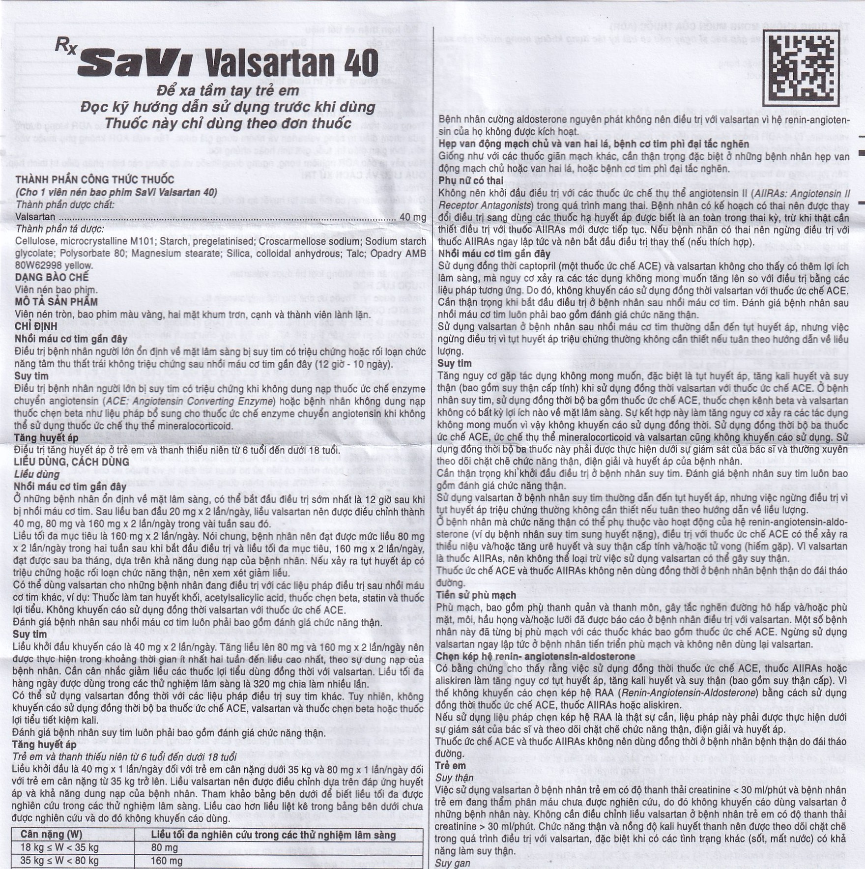 Thuốc SaVi Valsartan 40mg Savipharm điều trị nhồi máu cơ tim, suy tim và tăng huyết áp (3 vỉ x 10 viên)