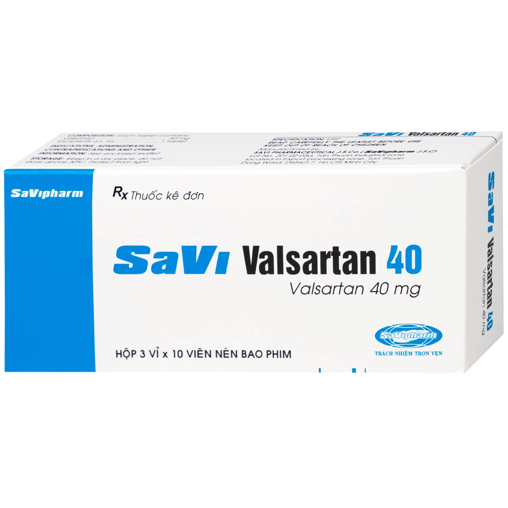 Thuốc SaVi Valsartan 40mg Savipharm điều trị nhồi máu cơ tim, suy tim và tăng huyết áp (3 vỉ x 10 viên)
