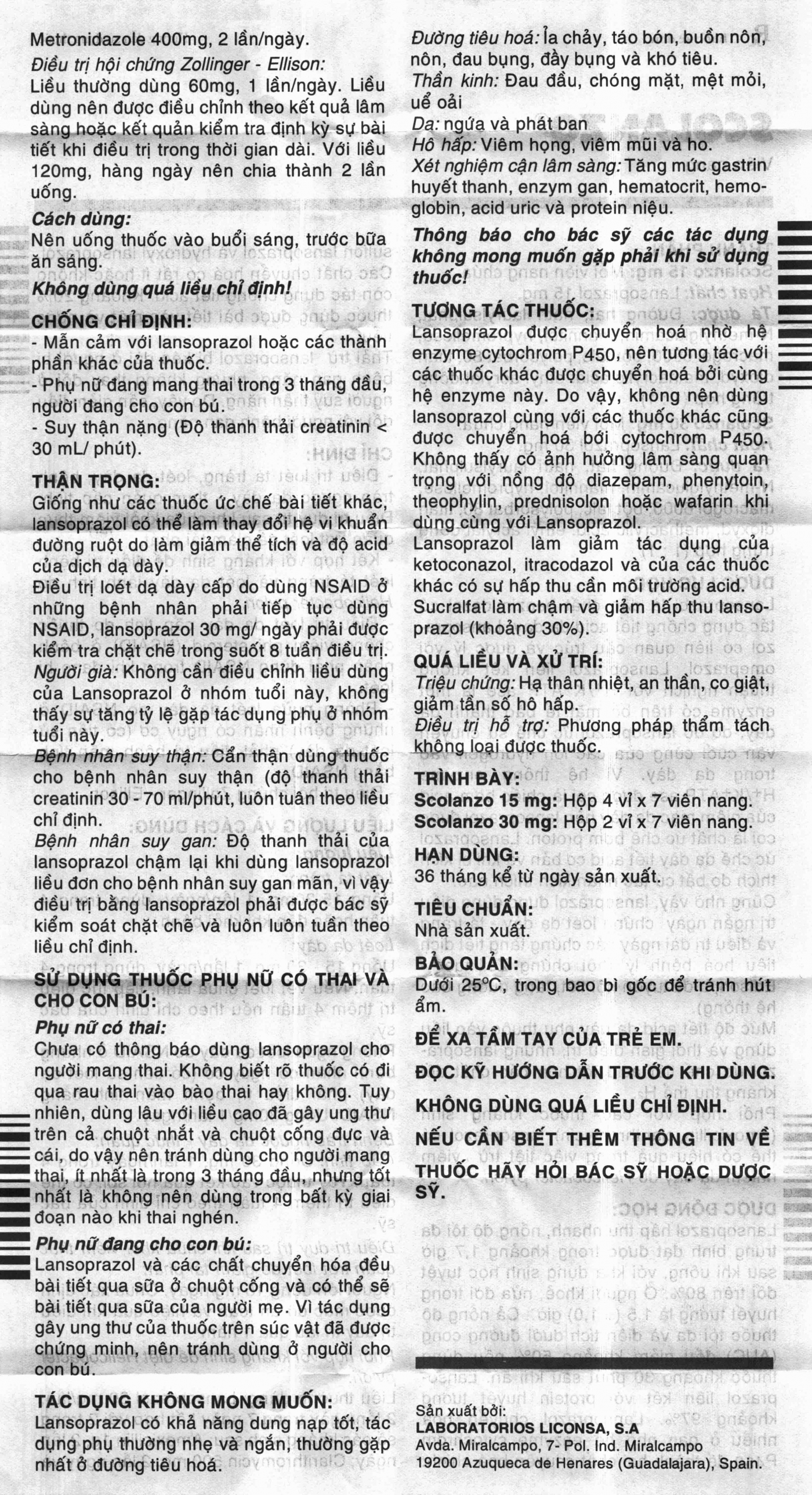 Thuốc Scolanzo 30mg Laboratorios Liconsa điều trị loét tá tràng, dạ dày (2 vỉ x 7 viên)