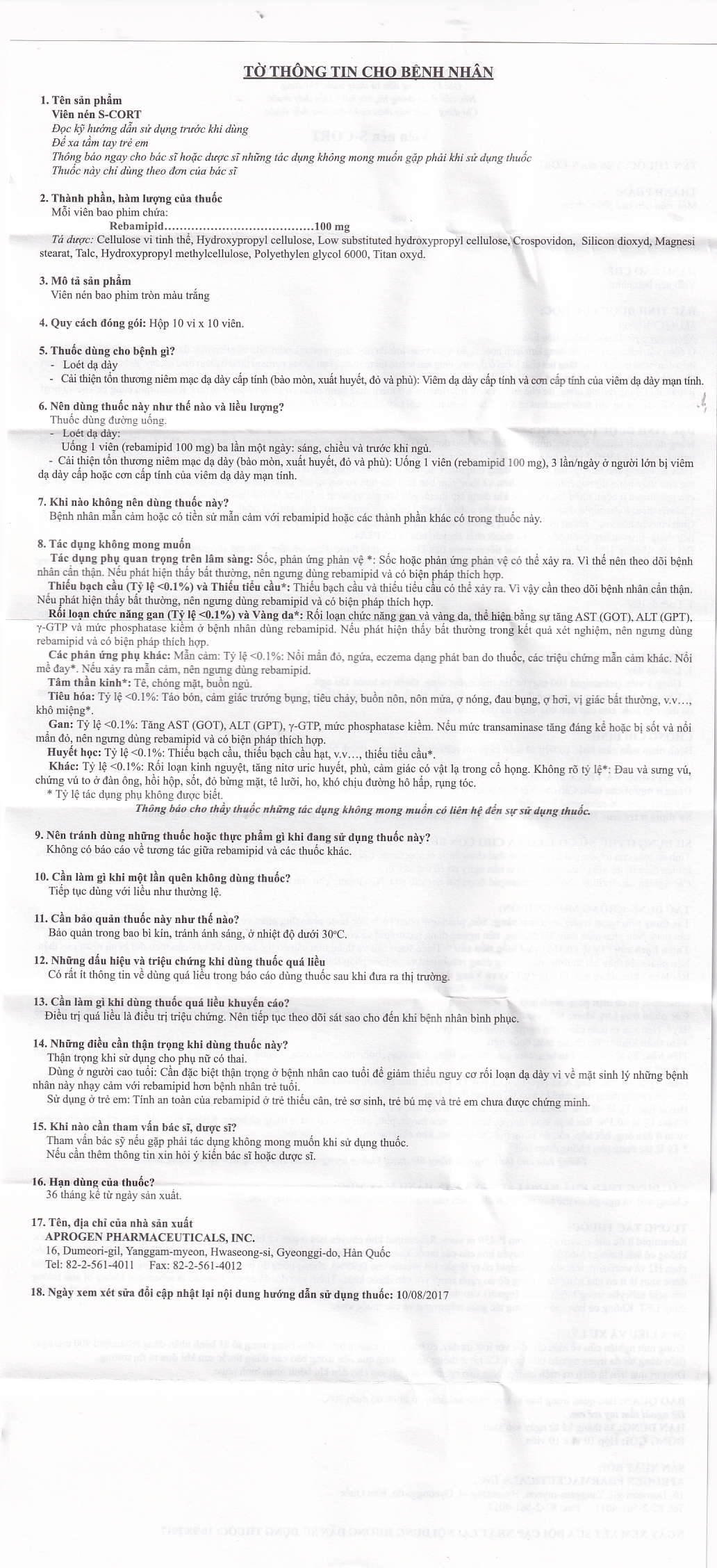 Thuốc S-Cort Tablet 100mg Schnell điều trị loét dạ dày, tổn thương niêm mạc dạ dày (10 vỉ x 10 viên) 