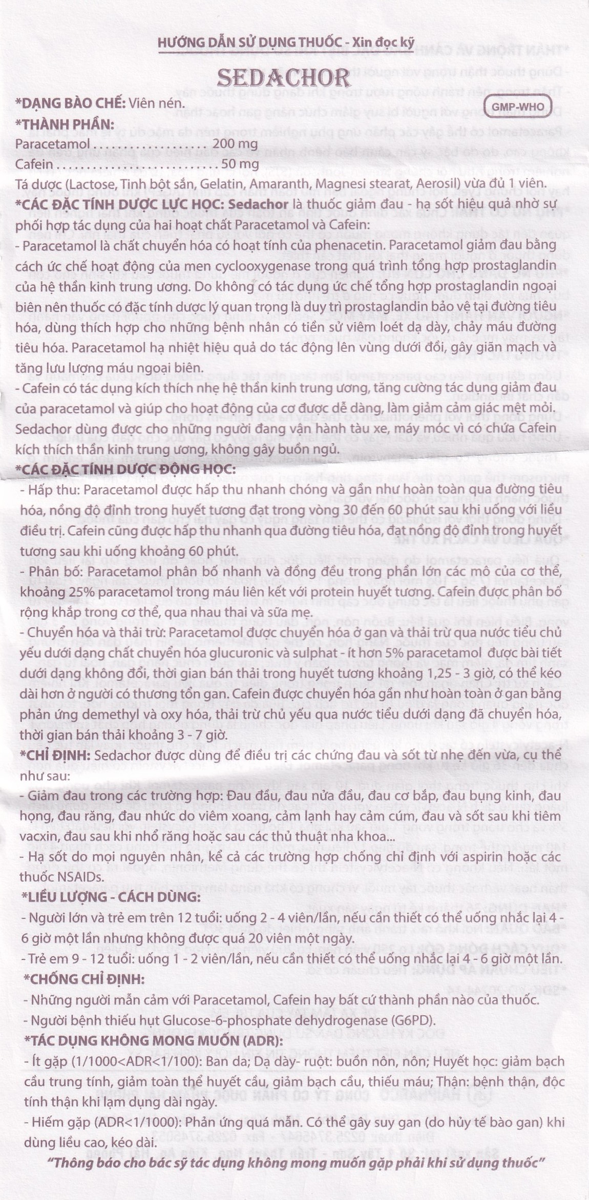 Thuốc Sedachor Haripharco hạ sốt, giảm đau, trị cảm cúm, nhức đầu (50 vỉ x 10 viên)