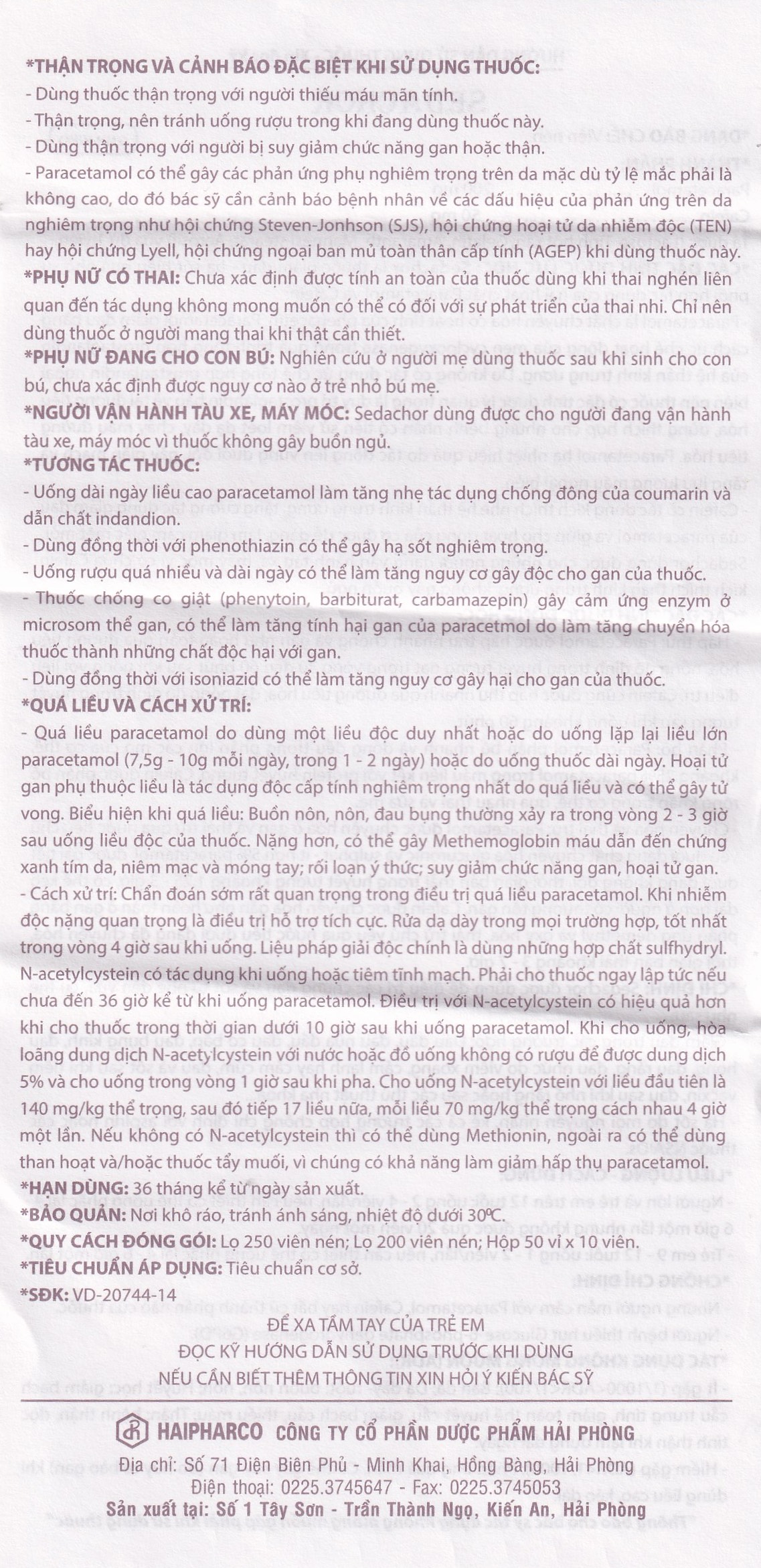 Thuốc Sedachor Haripharco hạ sốt, giảm đau, trị cảm cúm, nhức đầu (50 vỉ x 10 viên)