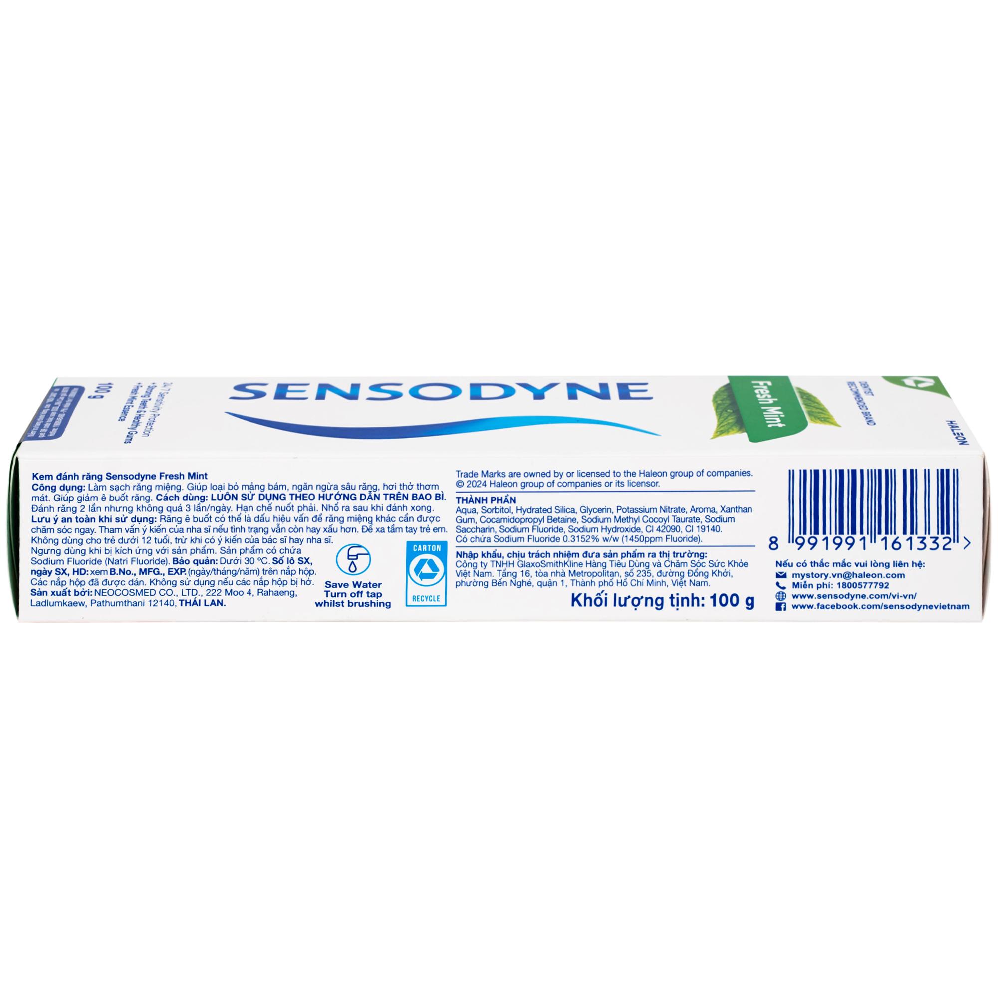 Kem đánh răng Sensodyne Fresh Mint bạc hà the mát, bảo vệ răng ê buốt mỗi ngày (100g)