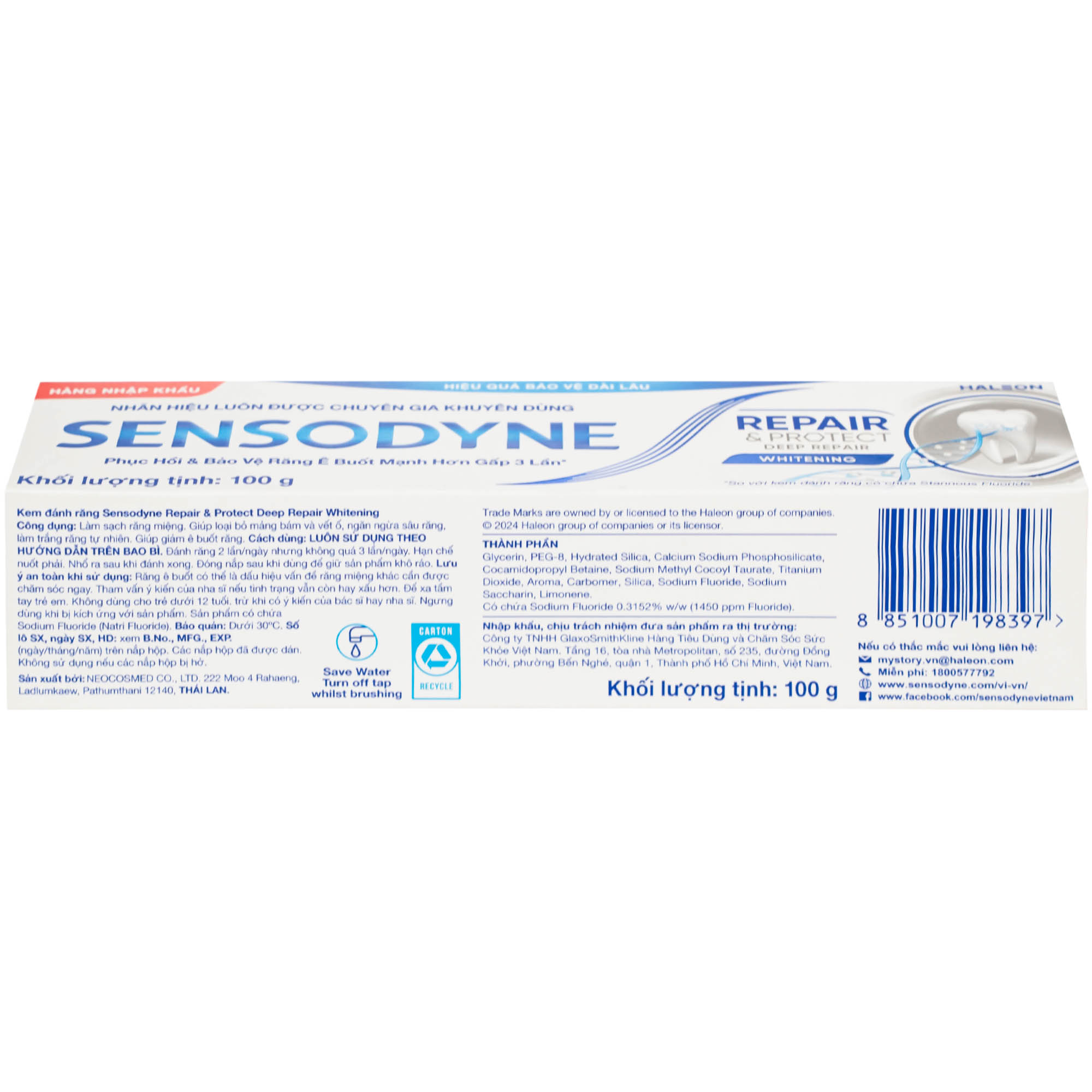Kem đánh răng Sensodyne Repair And Protect Deep Repair Whitening giảm ê buốt răng, cơ chế phục hồi sâu (100g)