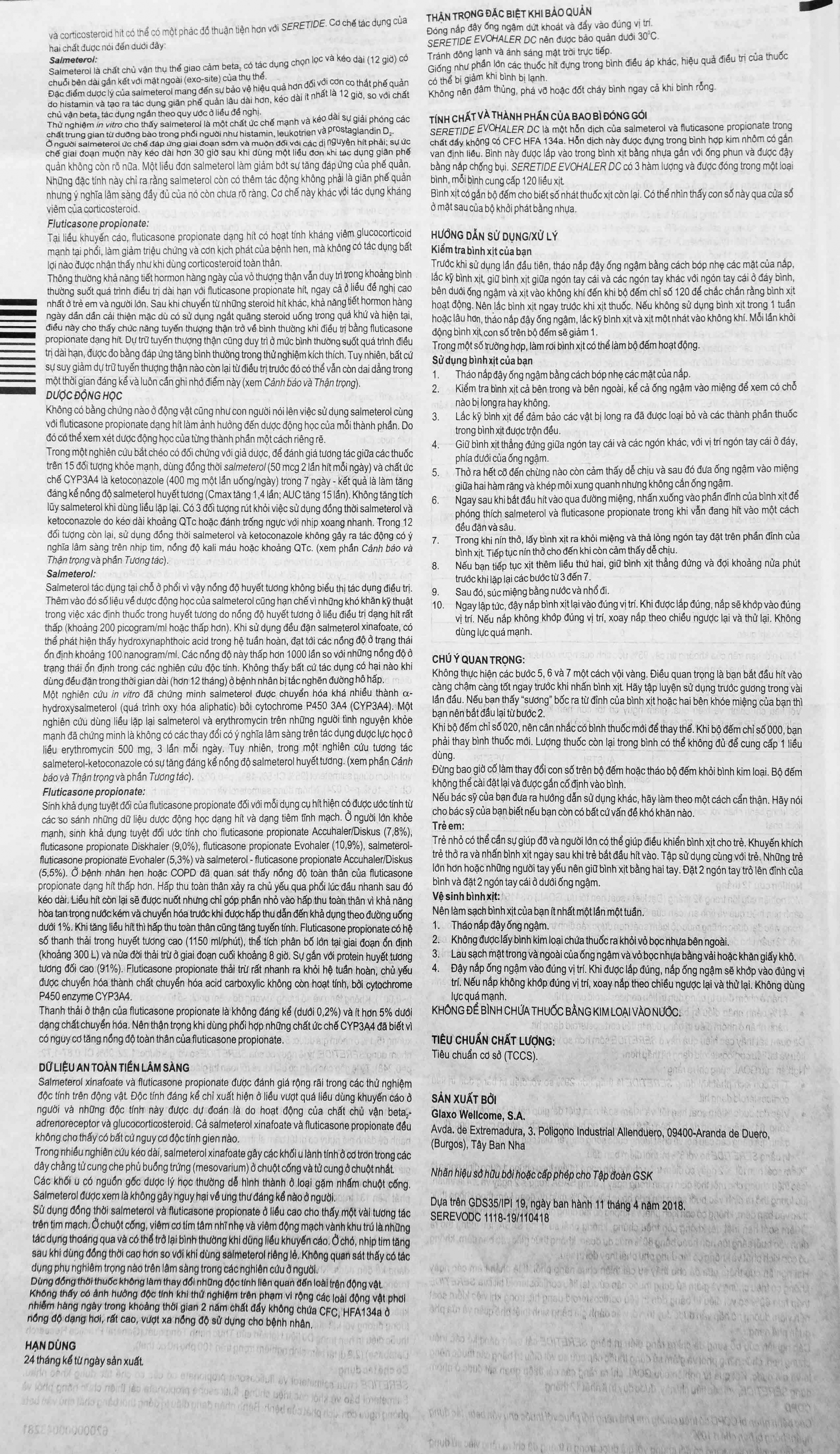 Khí dung Seretide Evohaler DC 25/50 Gsk  điều trị hen phế quản, tắc nghẽn phổi mạn tính (120 liều)