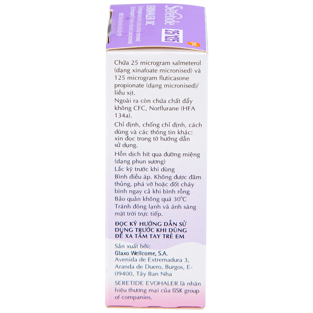 Khí dung Seretide Evohaler DC 25/125 Gsk điều trị hen phế quản, tắc nghẽn phổi mạn tính (120 liều)