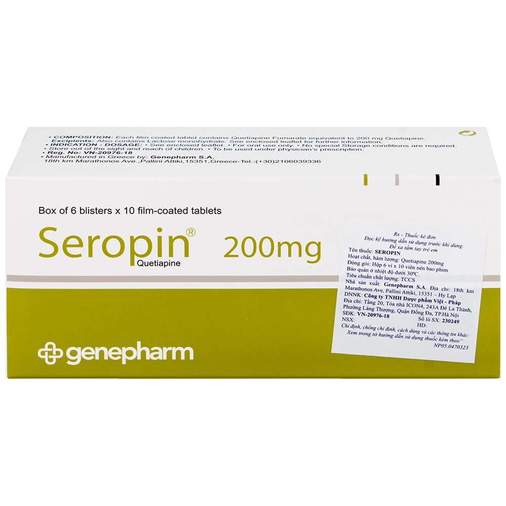Thuốc Seropin 200mg Genepharm điều trị tâm thần phân liệt, hưng cảm lưỡng cực, trầm cảm lưỡng cực (6 vỉ x 10 viên)