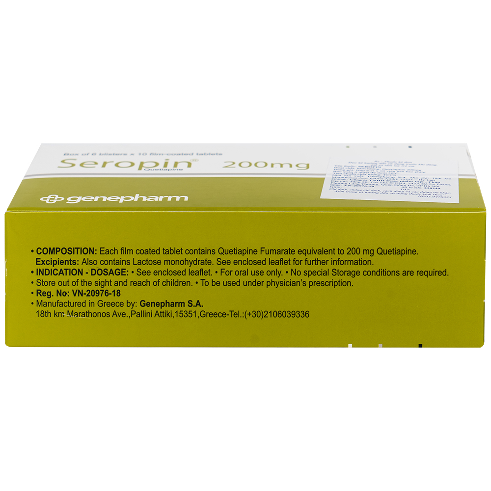 Thuốc Seropin 200mg Genepharm điều trị tâm thần phân liệt, hưng cảm lưỡng cực, trầm cảm lưỡng cực (6 vỉ x 10 viên)