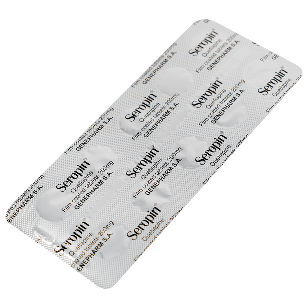 Thuốc Seropin 200mg Genepharm điều trị tâm thần phân liệt, hưng cảm lưỡng cực, trầm cảm lưỡng cực (6 vỉ x 10 viên)