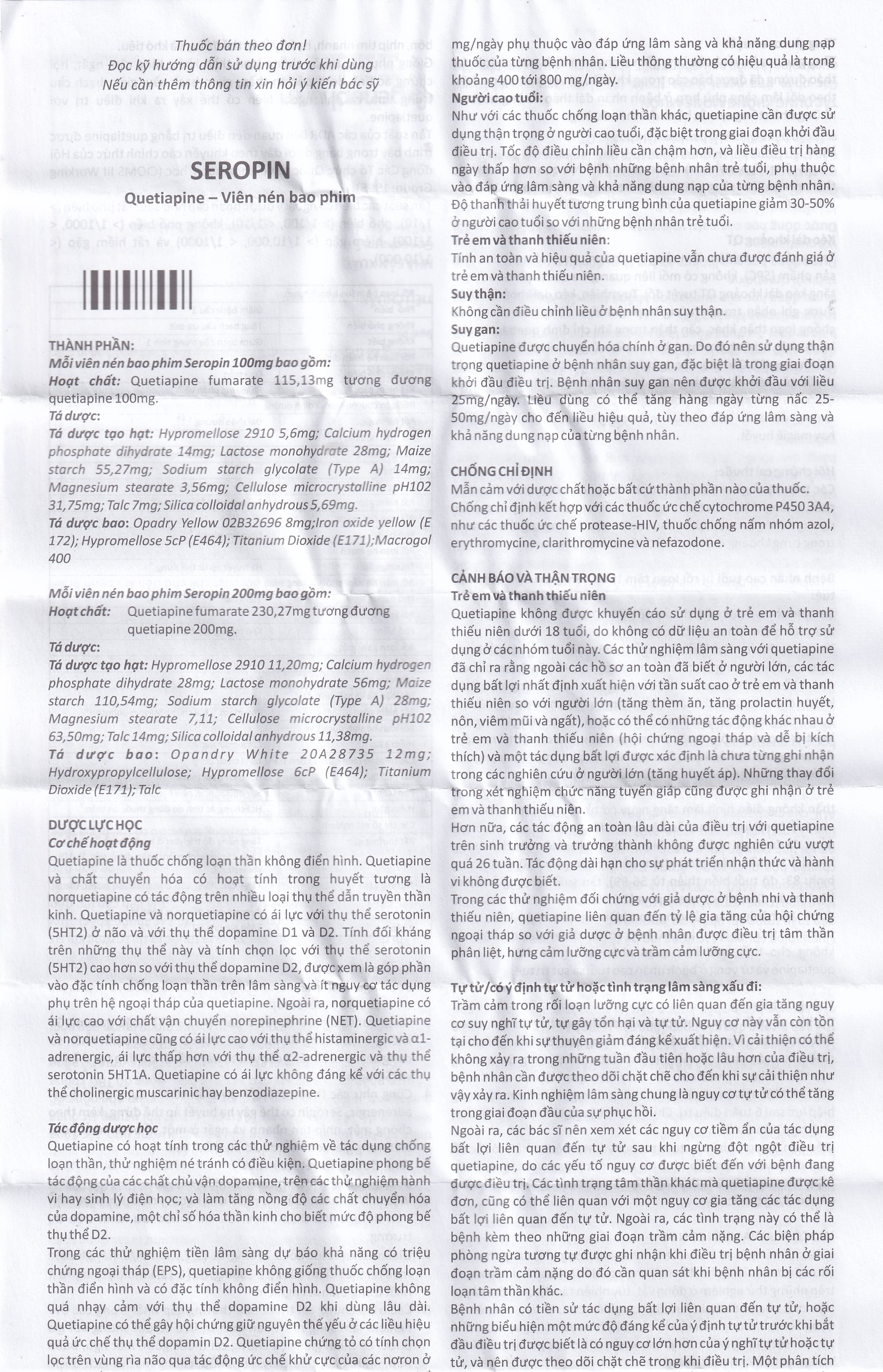Thuốc Seropin 200mg Genepharm điều trị tâm thần phân liệt, hưng cảm lưỡng cực, trầm cảm lưỡng cực (6 vỉ x 10 viên)