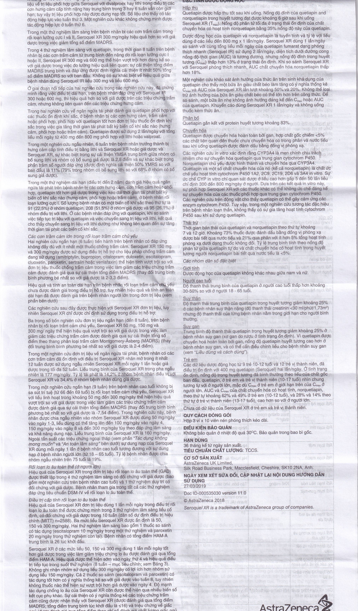 Thuốc Seroquel XR 50mg AstraZeneca điều trị tâm thần phân liệt (3 vỉ x 10 viên)