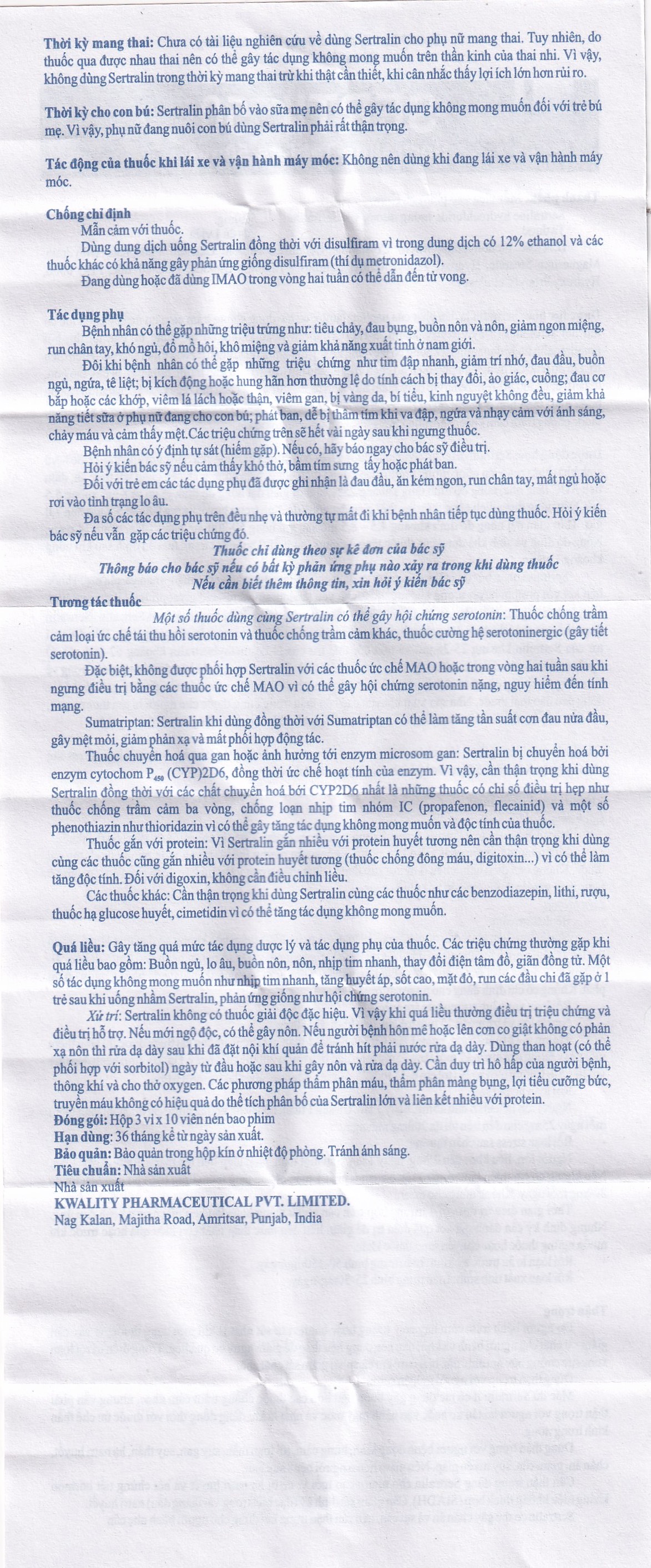 Thuốc Sertil 50 Kwality Pharmaceutical điều trị bệnh trầm cảm, hội chứng hoảng sợ (3 vỉ x 10 viên)