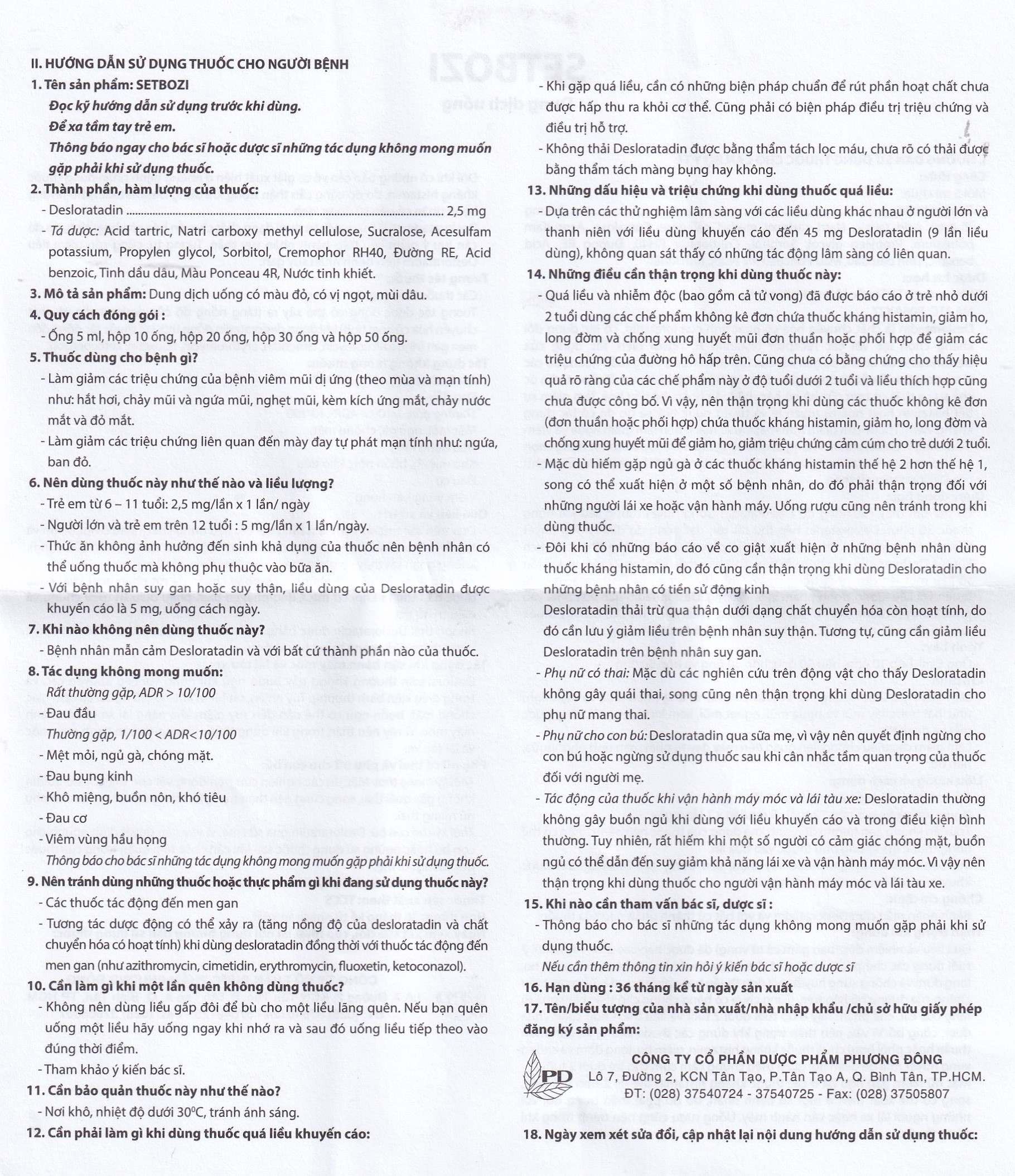 Dung dịch Setbozi Stick giảm các triệu chứng hắt hơi, sổ mũi (20 ống x 5ml) 