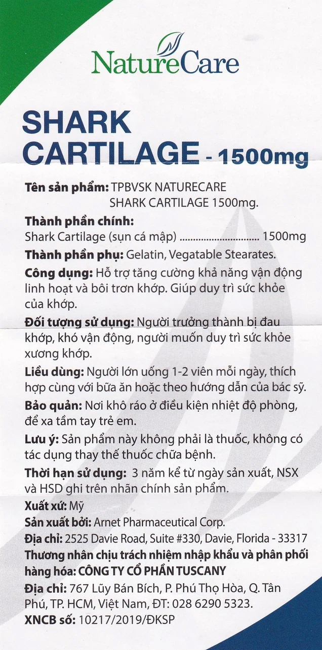 Viên uống hỗ trợ bôi trơn khớp, duy trì sức khỏe của khớp Shark Cartilage NatureCare (60 viên)