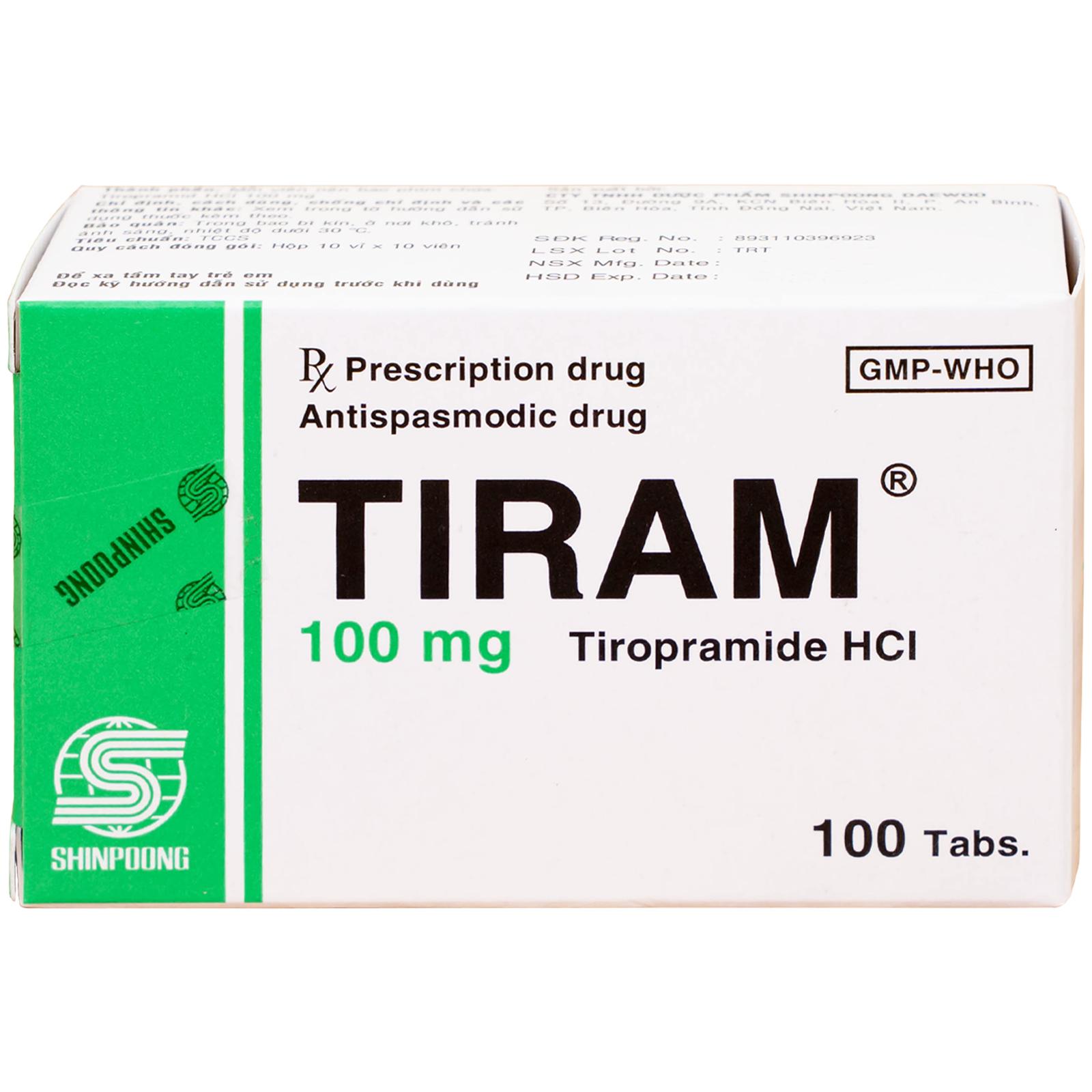 Thuốc Tiram 100mg Shinpoong Deawoo điều trị co thắt dạ dày ruột (10 vỉ x 10 viên)