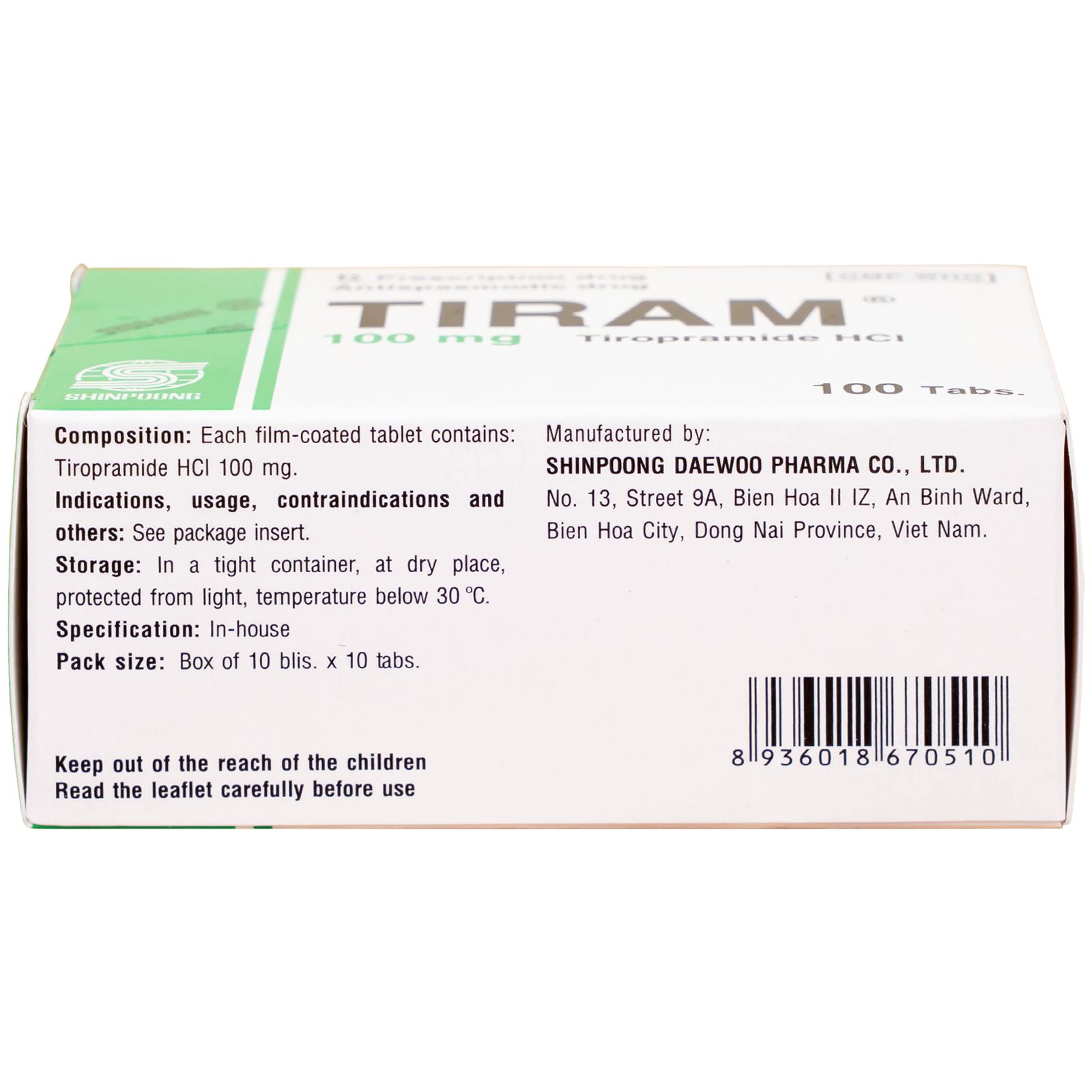 Thuốc Tiram 100mg Shinpoong Deawoo điều trị co thắt dạ dày ruột (10 vỉ x 10 viên)