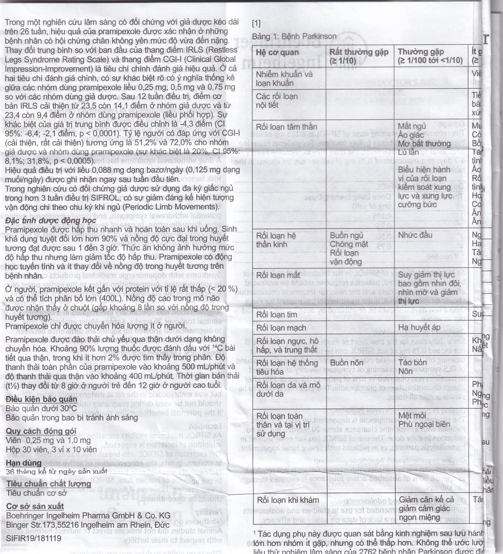 Thuốc Sifrol 0.25mg Boehringer điều trị bệnh parkinson (3 vỉ x 10 viên)