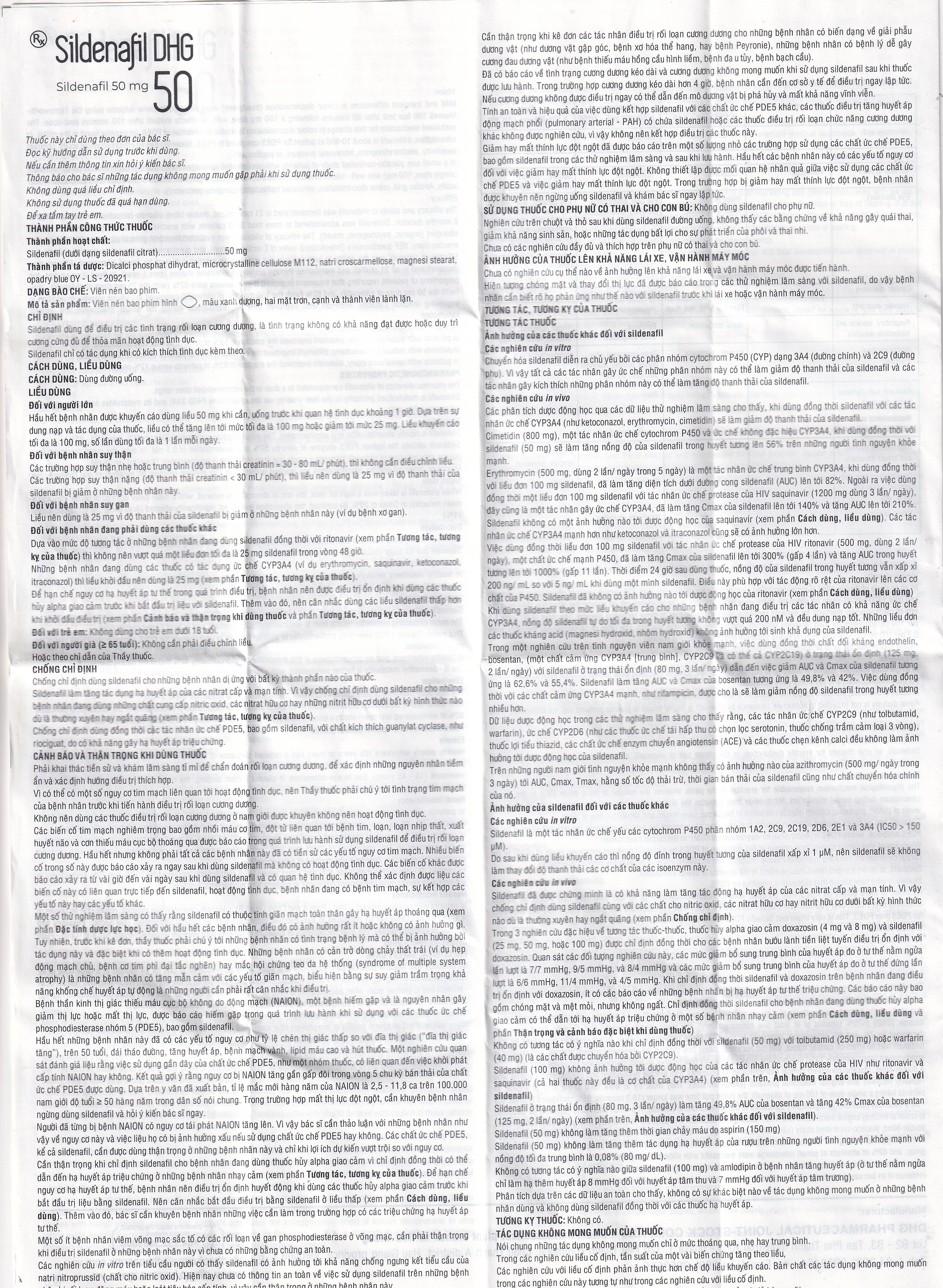 Thuốc Sildenafil 50 DHG điều trị các tình trạng rối loạn cương dương (1 vỉ x 1 viên)