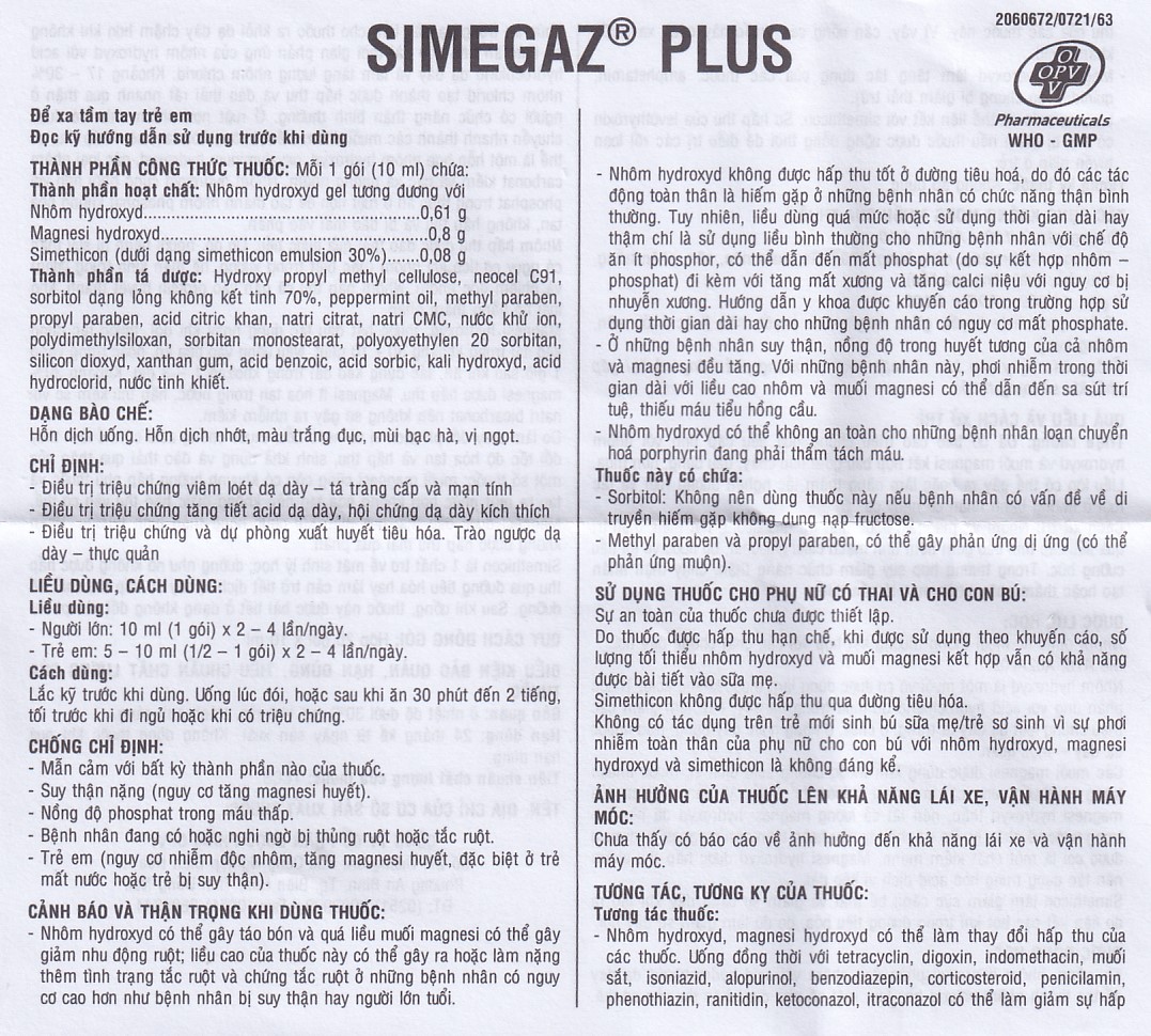 Hỗn dịch uống Simegaz Plus OPV vị bạc hà, điều trị viêm loét dạ dày , tăng acid dạ dày (20 gói x 10ml)