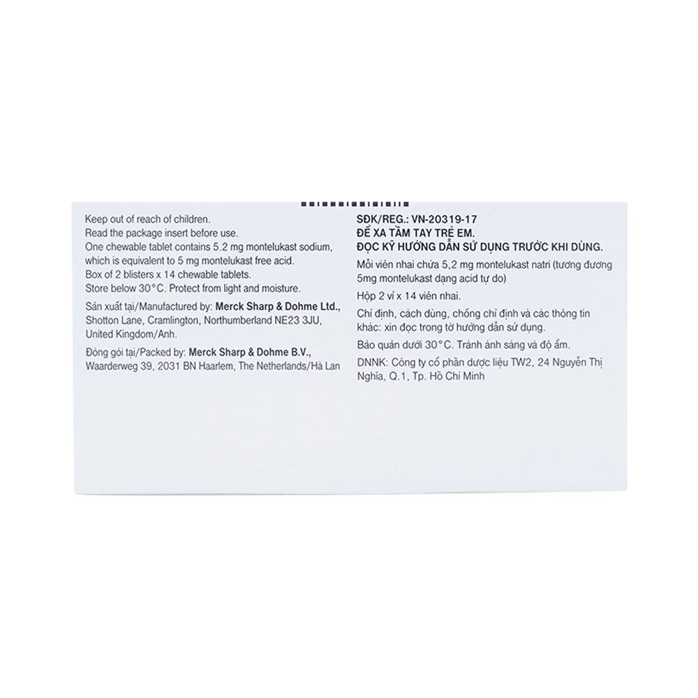 Viên nhai Singulair 5mg MSD điều trị hen phế quản mạn tính (2 vỉ x 14 viên) 