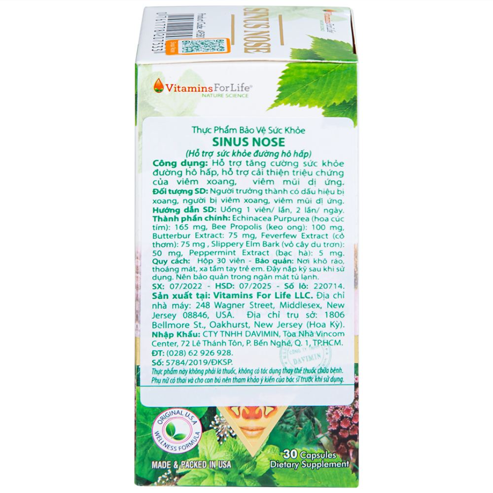 Viên uống hỗ trợ cải thiện viêm xoang, viêm mũi dị ứng Sinus Nose Vitamins For Life (30 viên)