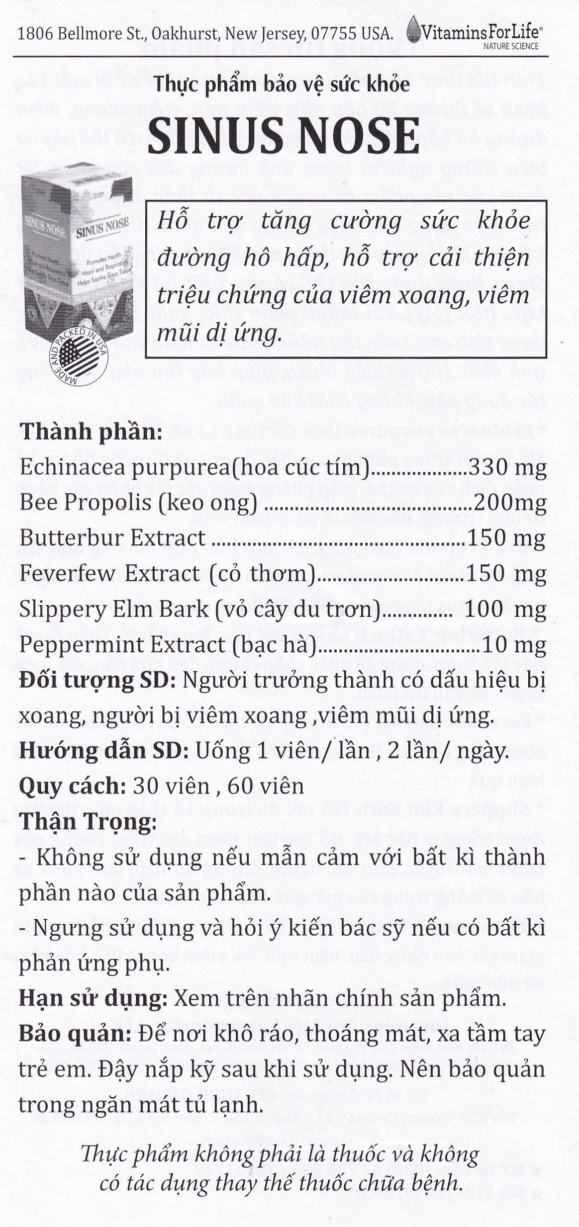 Viên uống hỗ trợ cải thiện viêm xoang, viêm mũi dị ứng, tăng cường sức khỏe đường hô hấp Sinus Nose Vitamins For Life (60 viên)