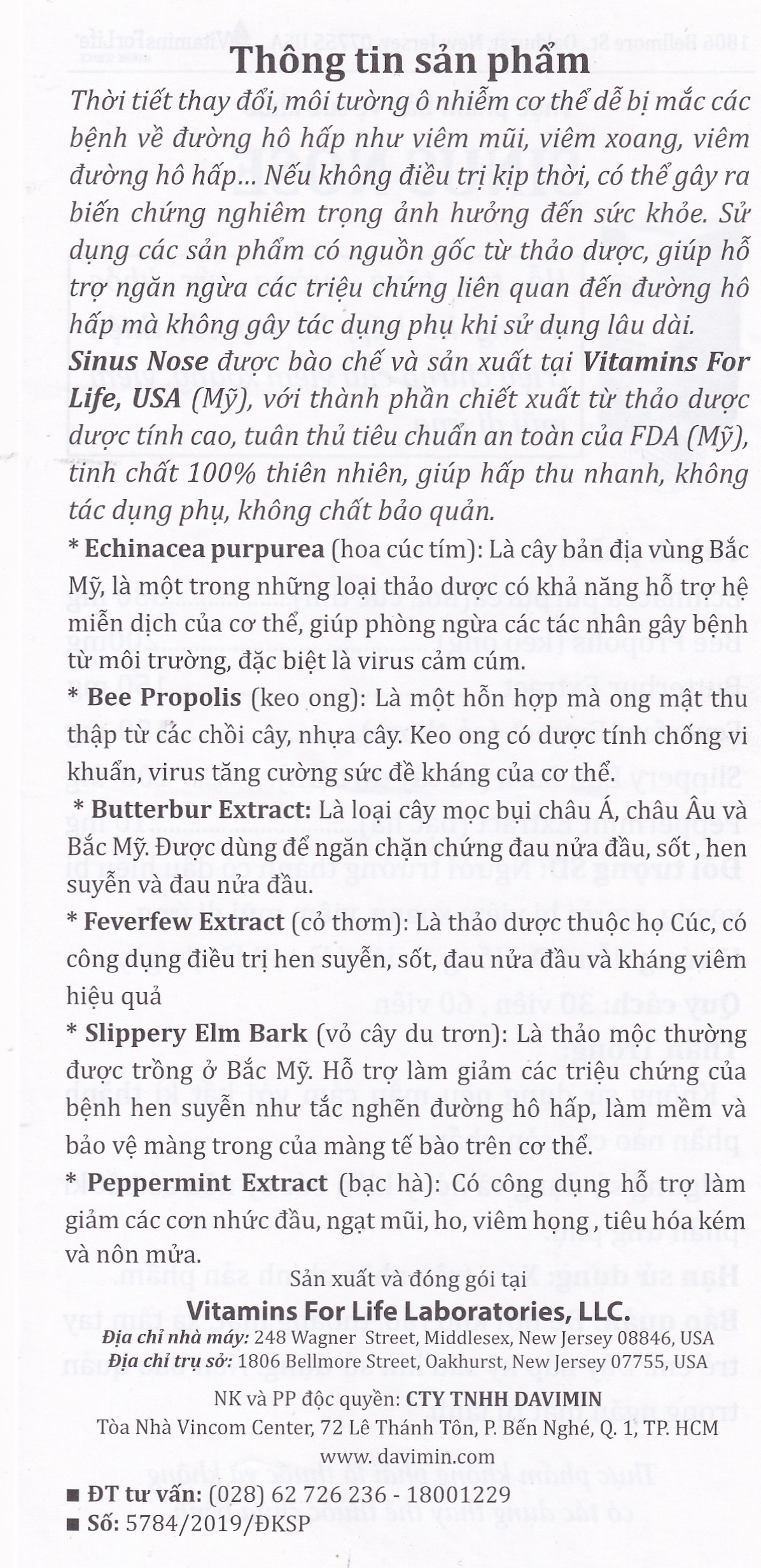 Viên uống hỗ trợ cải thiện viêm xoang, viêm mũi dị ứng, tăng cường sức khỏe đường hô hấp Sinus Nose Vitamins For Life (60 viên)