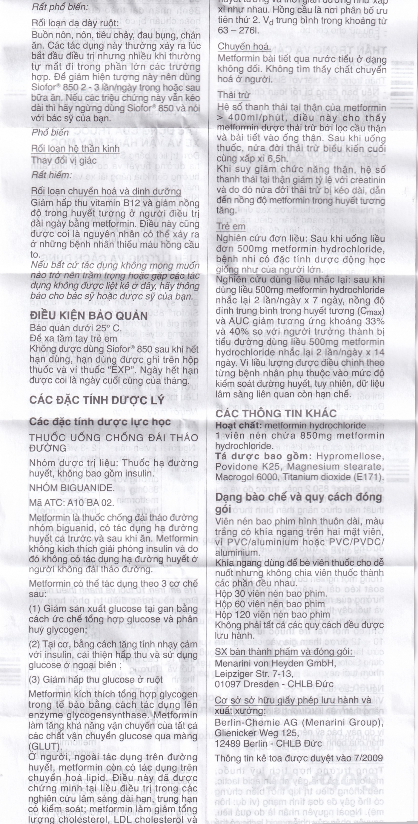 Thuốc Siofor 850 Berlin điều trị đái tháo đường típ 2 (4 vỉ x 15 viên)