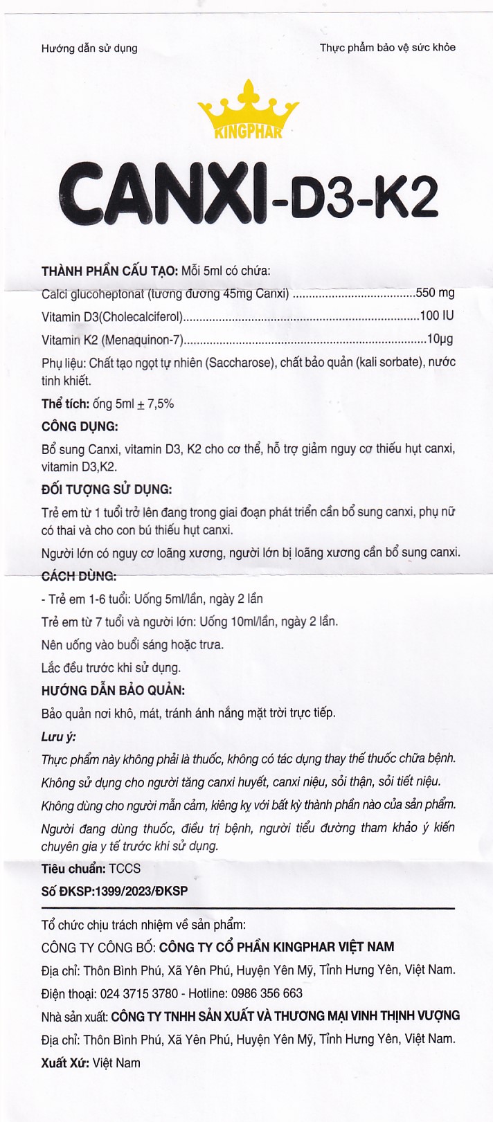 Siro bổ sung canxi & vitamin D3, K2 cho cơ thể Canxi-D3-K2 Kingphar (6 vỉ x 5 ống x 5ml)