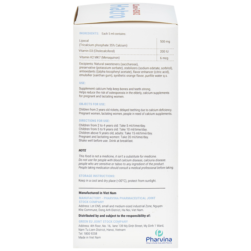 Siro bổ sung canxi giúp xương răng chắc khỏe Canxi + D3K2 Hatro (120ml)