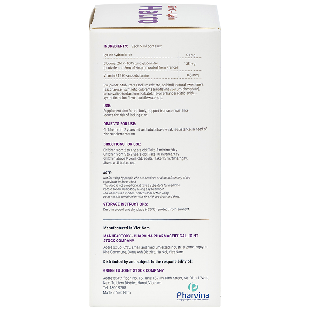 Siro bổ sung kẽm, hỗ trợ tăng sức đề kháng cho trẻ ZinC + Lysin Hatro (120ml)