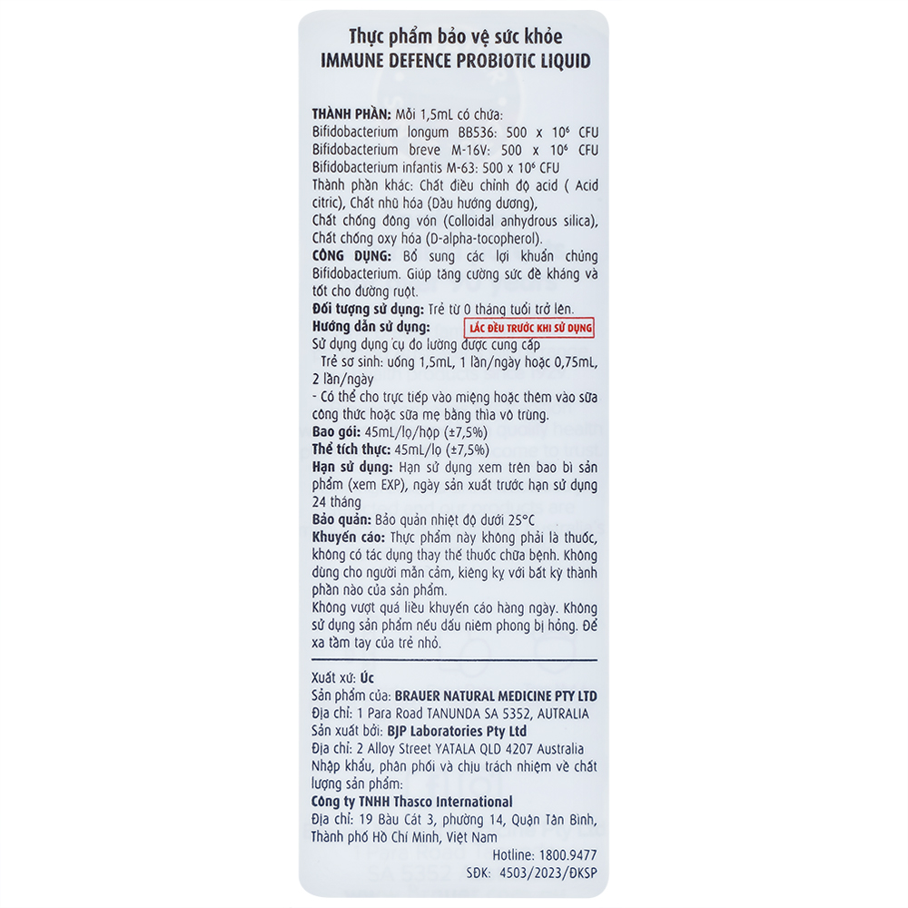 Siro giúp bổ sung lợi khuẩn, tốt cho đường ruột Immune Defence Probiotic Liquid Brauer (45ml)
