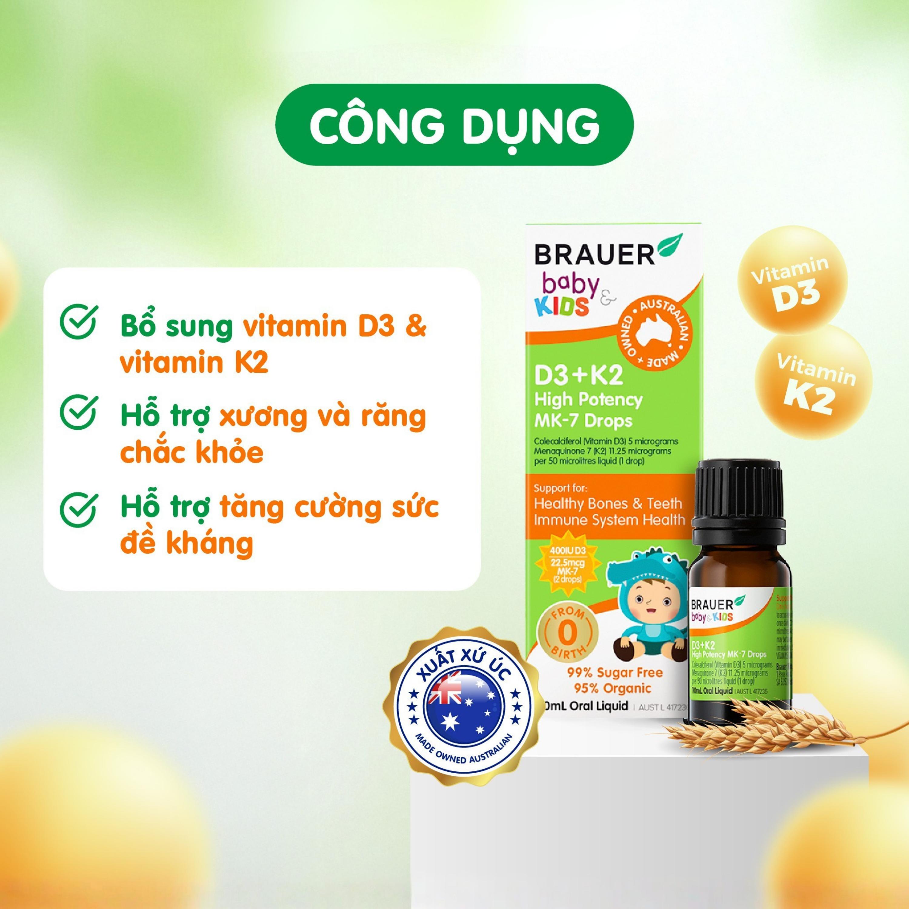 Siro giúp xương răng chắc khỏe, bổ sung vitamin D3 + K2 Brauer Baby & Kids D3 + K2 High Potency MK-7 Drops (10ml)