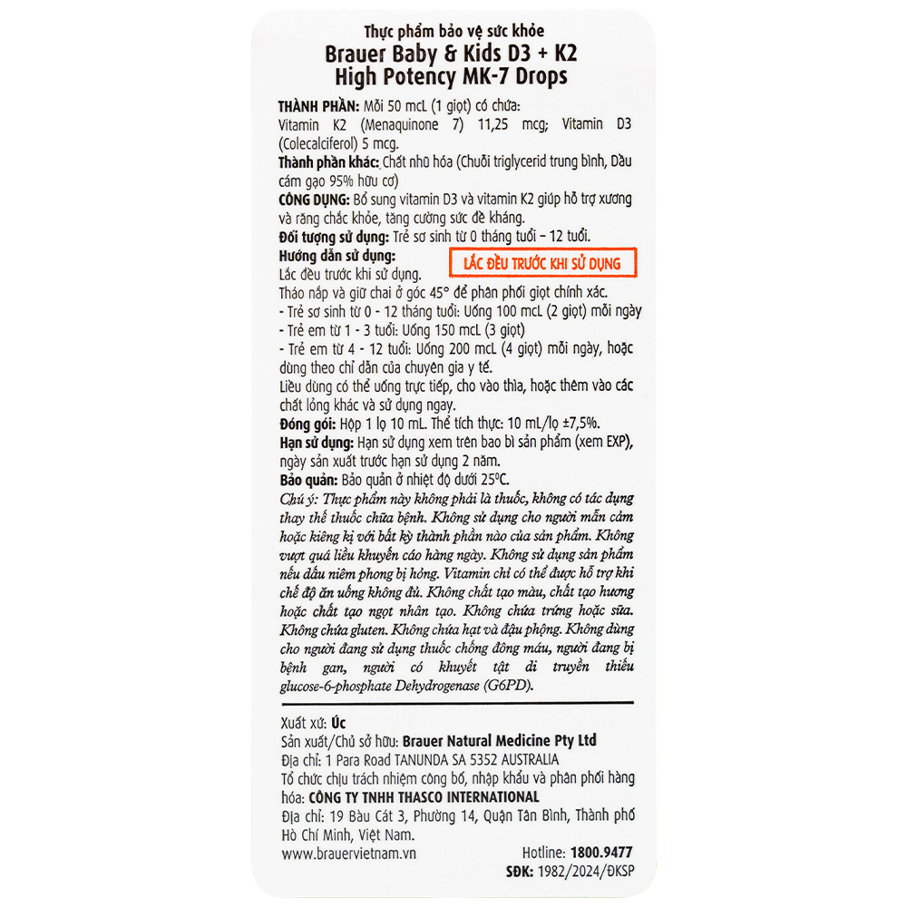 Siro giúp xương răng chắc khỏe, bổ sung vitamin D3 + K2 Brauer Baby & Kids D3 + K2 High Potency MK-7 Drops (10ml)