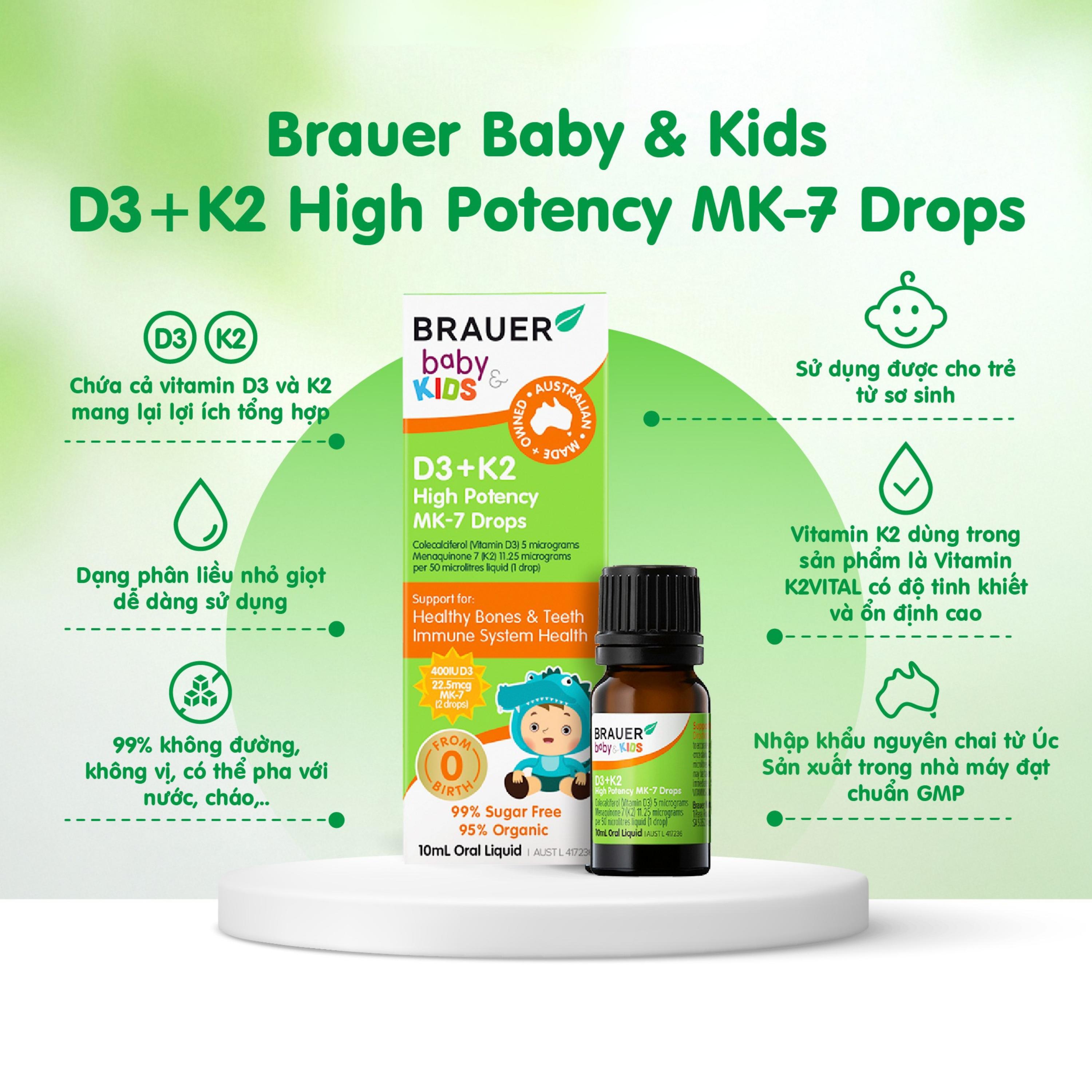Siro giúp xương răng chắc khỏe, bổ sung vitamin D3 + K2 Brauer Baby & Kids D3 + K2 High Potency MK-7 Drops (10ml)