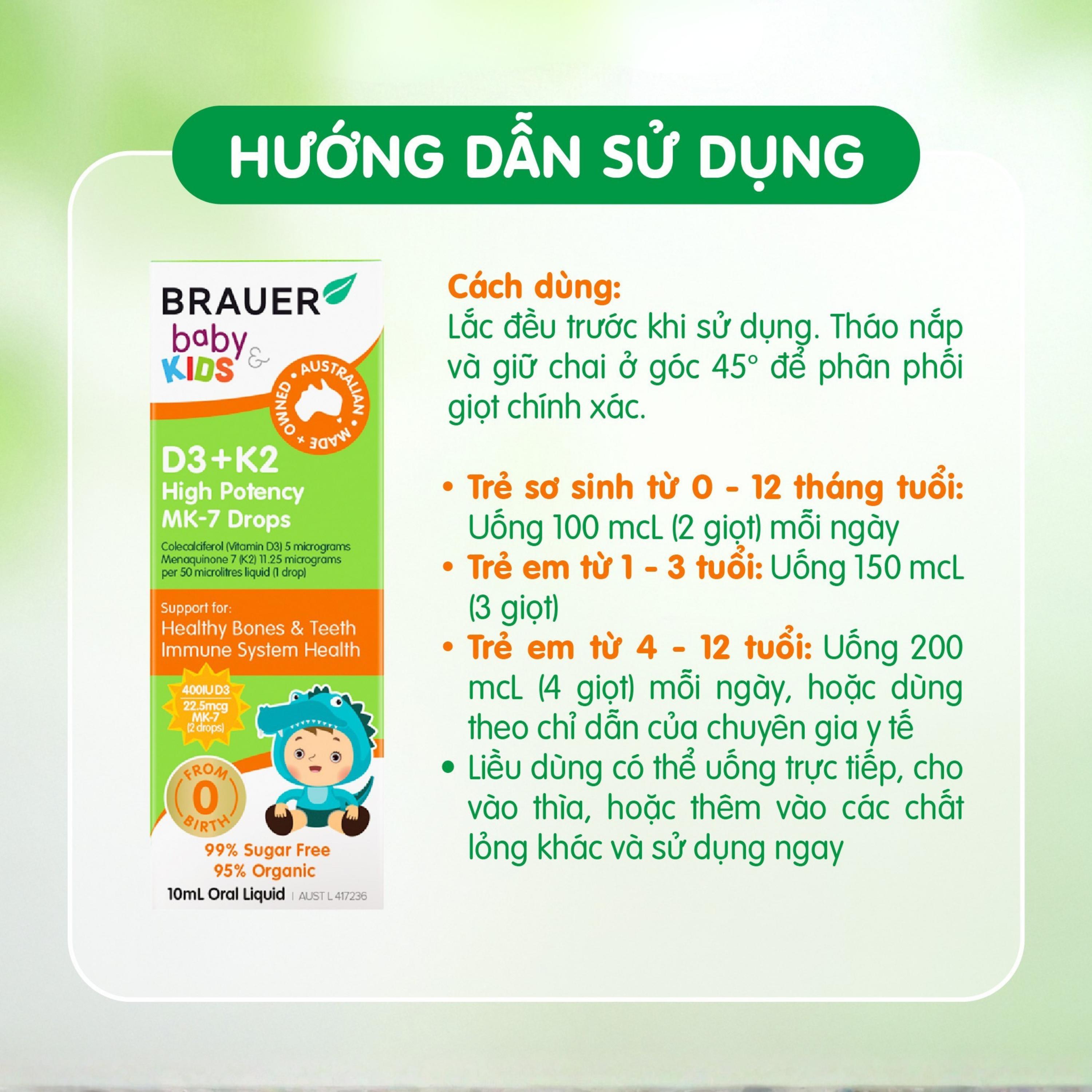 Siro giúp xương răng chắc khỏe, bổ sung vitamin D3 + K2 Brauer Baby & Kids D3 + K2 High Potency MK-7 Drops (10ml)