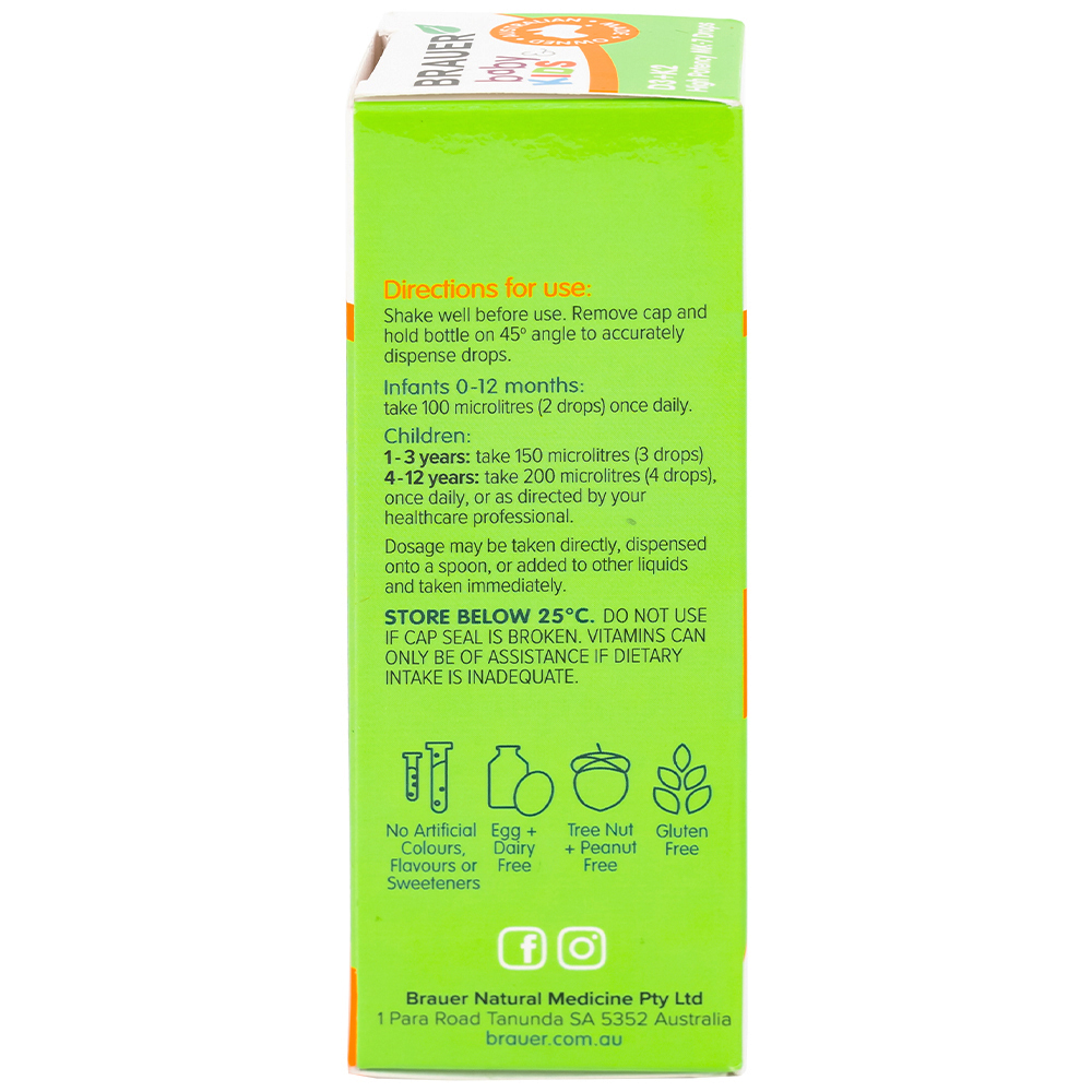 Siro giúp xương răng chắc khỏe, bổ sung vitamin D3 + K2 Brauer Baby & Kids D3 + K2 High Potency MK-7 Drops (10ml)