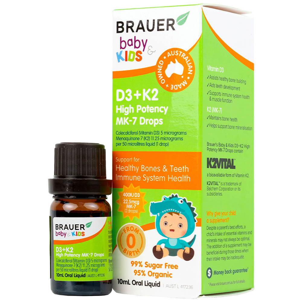 Siro giúp xương răng chắc khỏe, bổ sung vitamin D3 + K2 Brauer Baby &amp; Kids D3 + K2 High Potency MK-7 Drops (10ml)