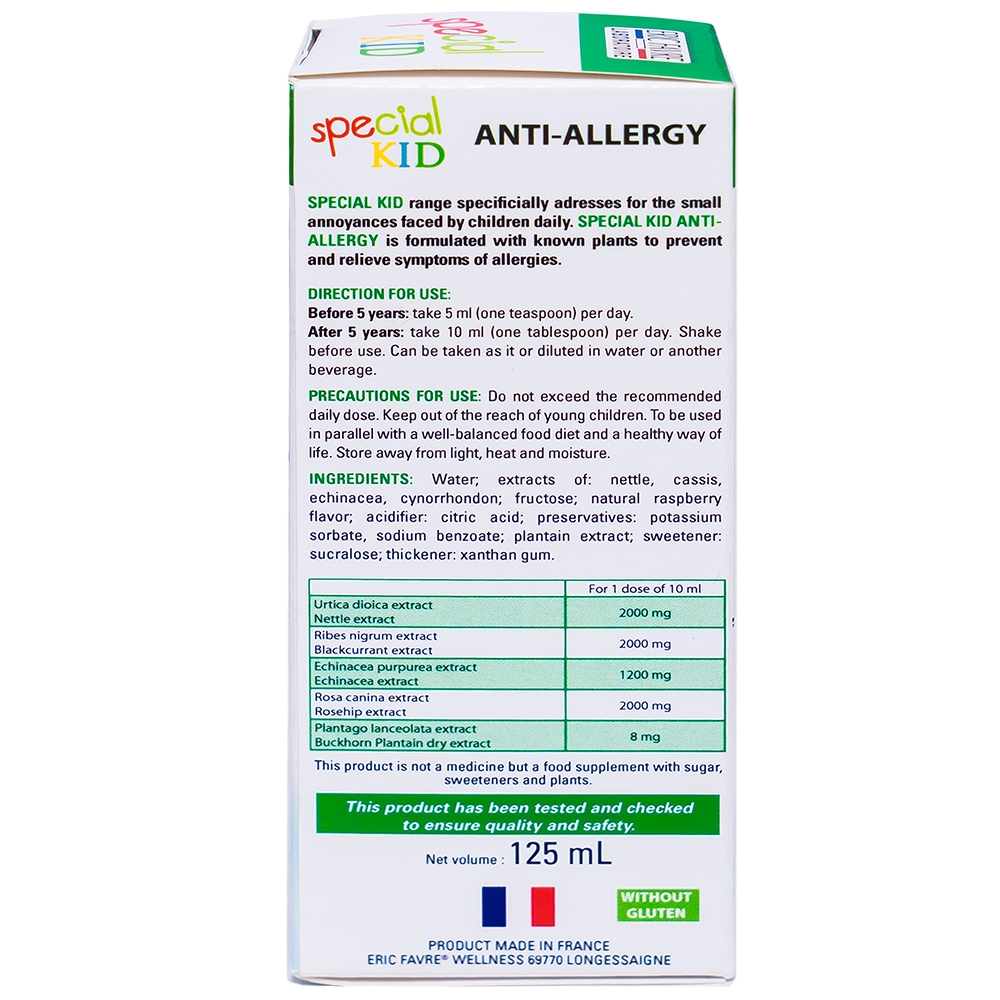 Siro giúp giảm dị ứng, mẩn ngứa, mề đay, rôm sảy, tăng đề kháng cho trẻ Special Kid Anti-Allergies hương mâm xôi (125ml)
