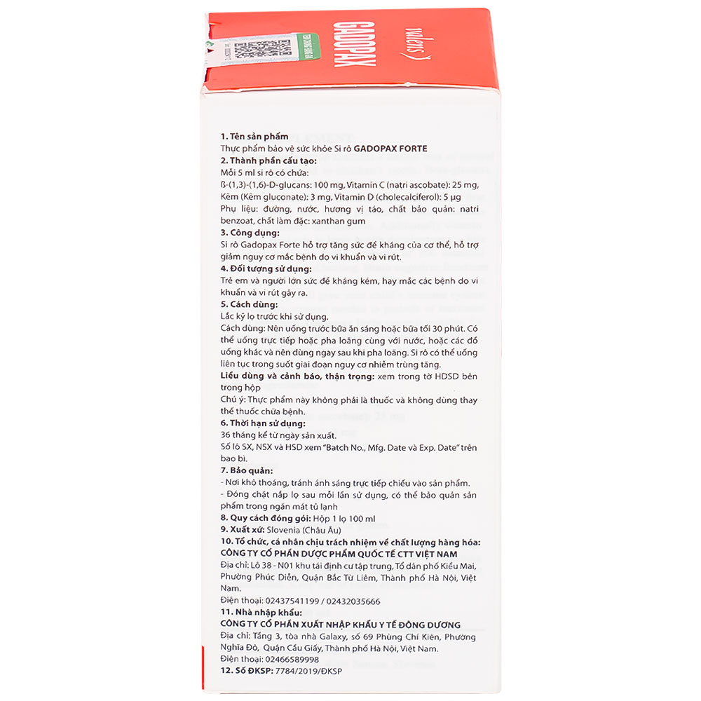 Siro hỗ trợ tăng sức đề kháng Gadopax Forte Valens (100ml)