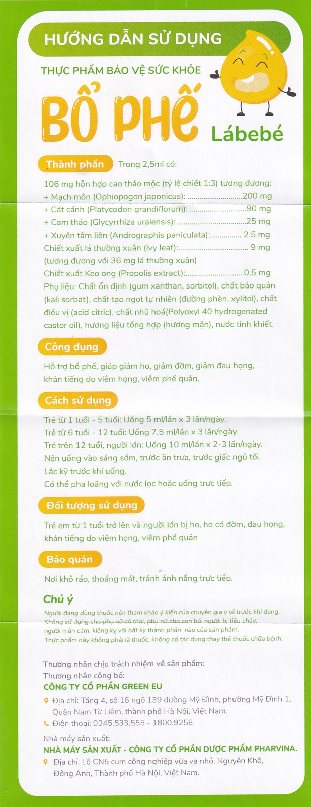 Siro hỗ giúp giảm ho, giảm đờm, giảm đau họng Bổ Phế Lábebé (120ml)