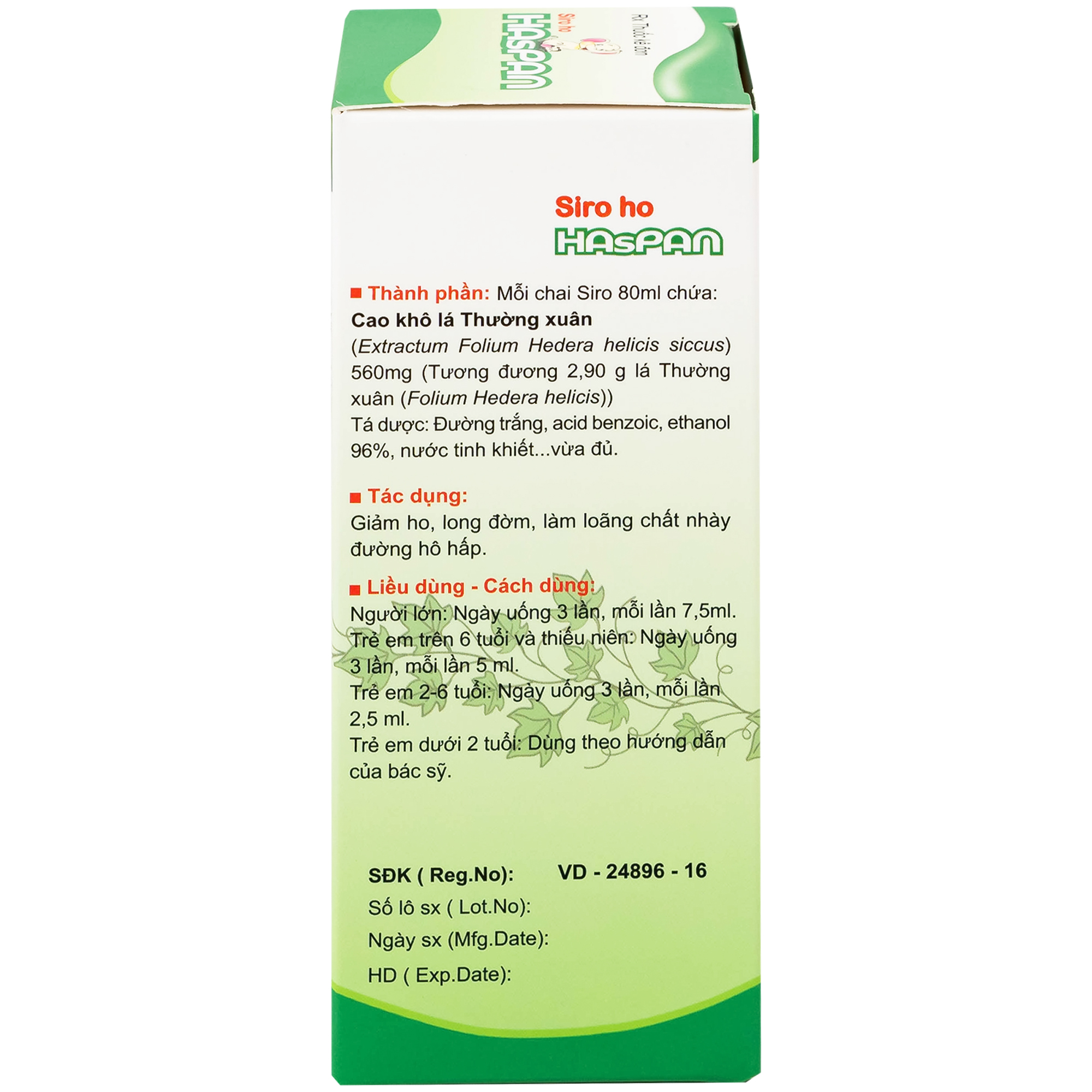 Siro ho Haspan 80ml giảm ho, long đờm, điều trị viêm đường hô hấp cấp có kèm ho