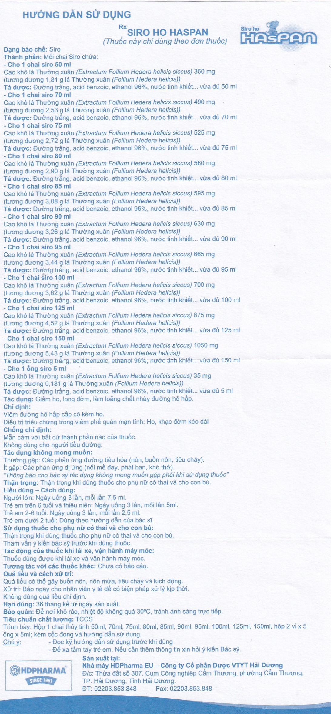 Siro ho Haspan 80ml giảm ho, long đờm, điều trị viêm đường hô hấp cấp có kèm ho