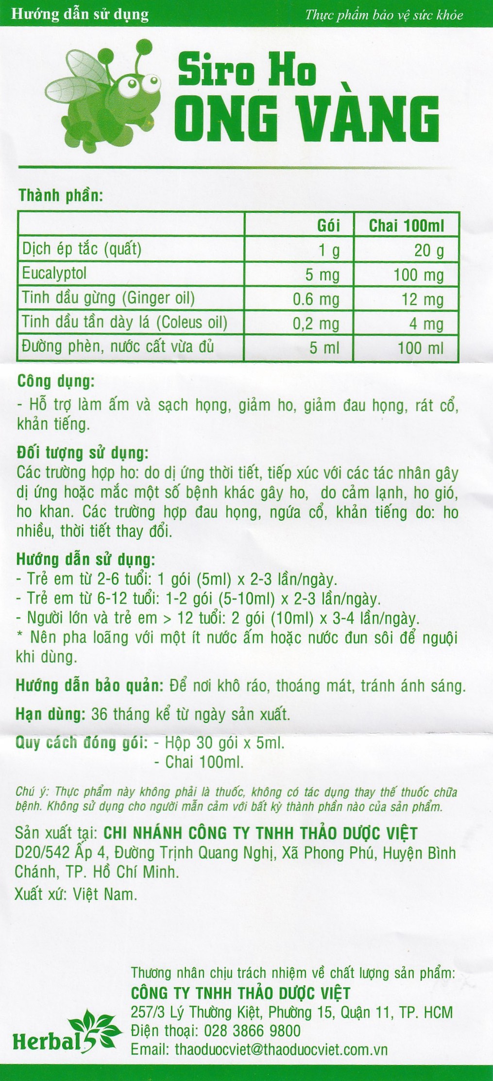 Siro ho Ong Vàng Thảo Dược Việt (30 gói)