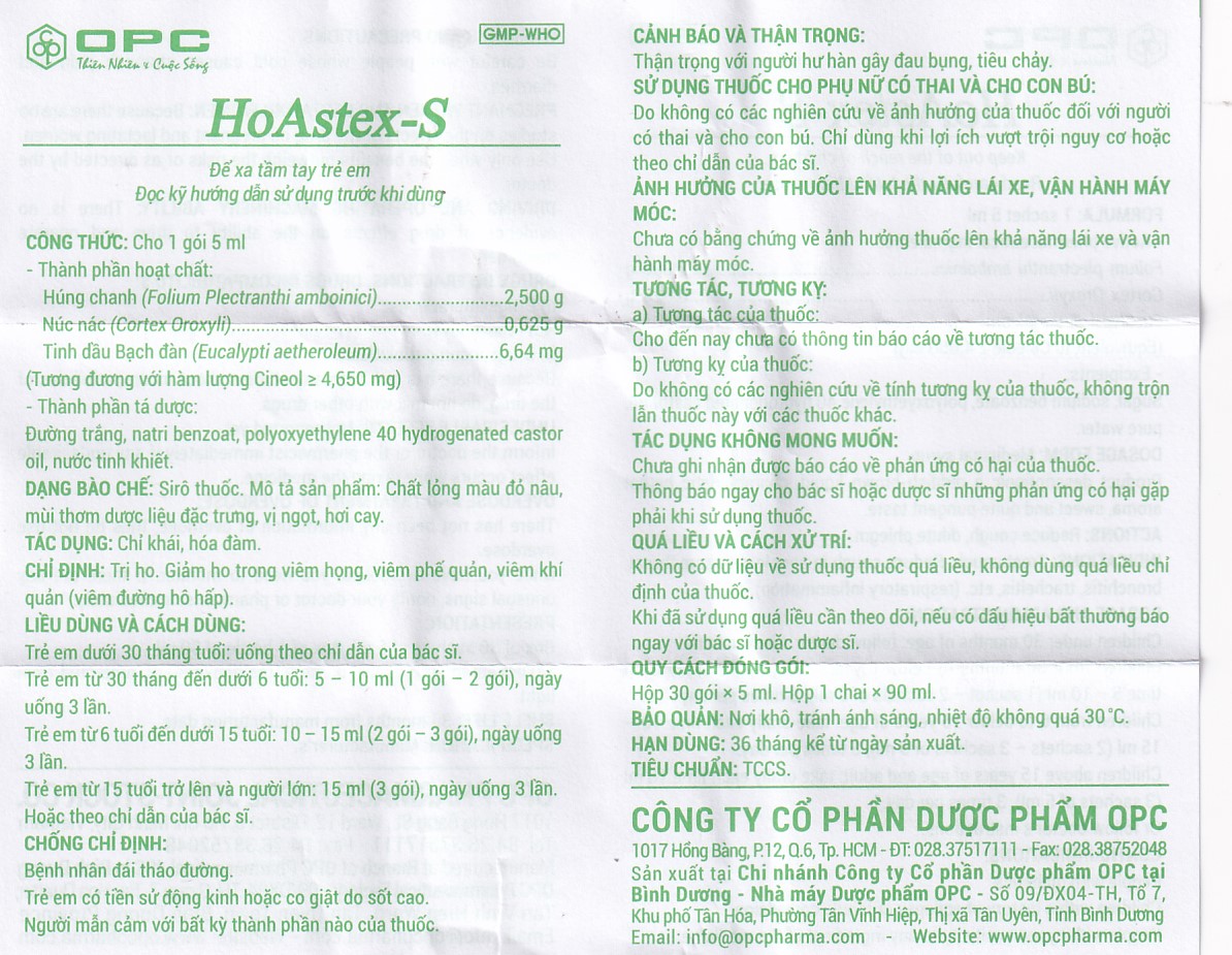 Siro HoAstex-S 90ml OPC dùng trị ho, giảm ho trong viêm họng, viêm phế quản