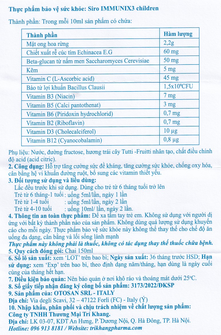 Siro hỗ trợ tăng cường sức đề kháng ở trẻ Immunix3 Otosan (150ml)